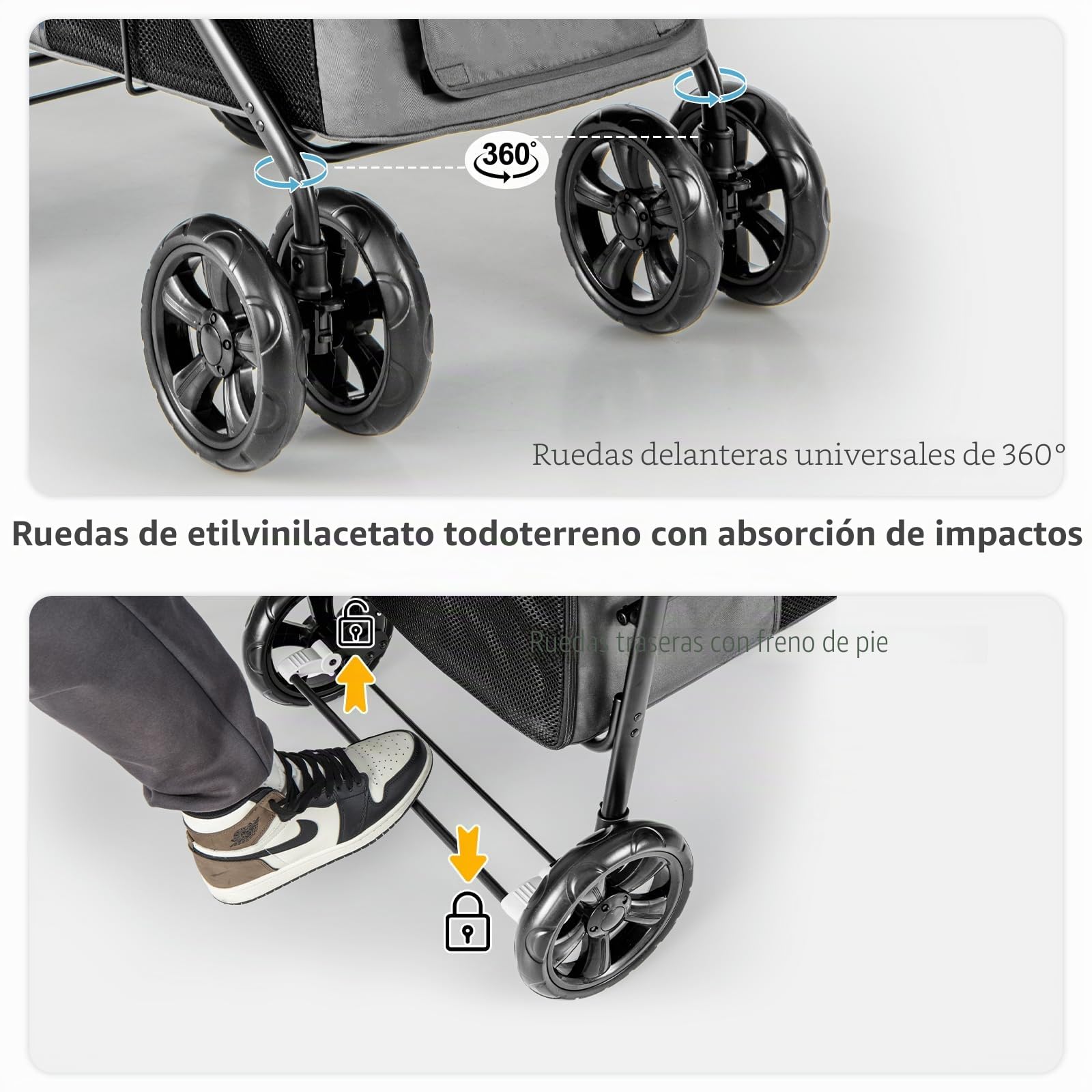 GOPLUS Cochecito para Mascotas para Perros y Gatos de Hasta 40KG, Cochecito Plegable con Cojín Suave, Ventana de Malla y 2 Entradas, Transportador para Perros con Ruedas Universales y Asa, Gris