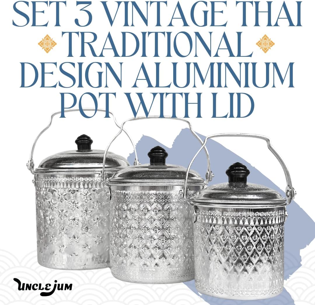 Set of 3 Vintage Thai Traditional Design Aluminum Silver Round Pot with Lid, Versatile Food Container, Lunch Box Carrier, Home Decoration