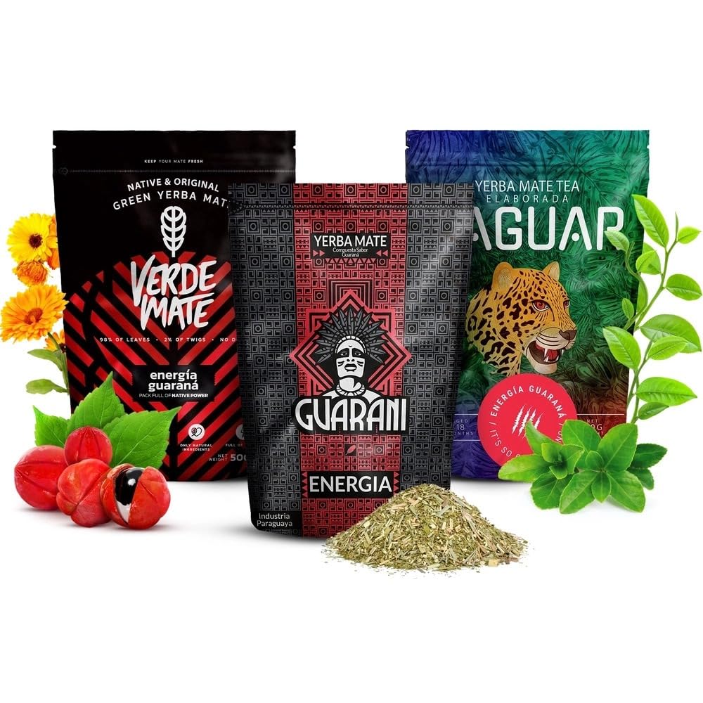 Green & Yaguar & Guarani 3 x 500 g - Yerba Mate with Guarana Set, Energising Mate Tea