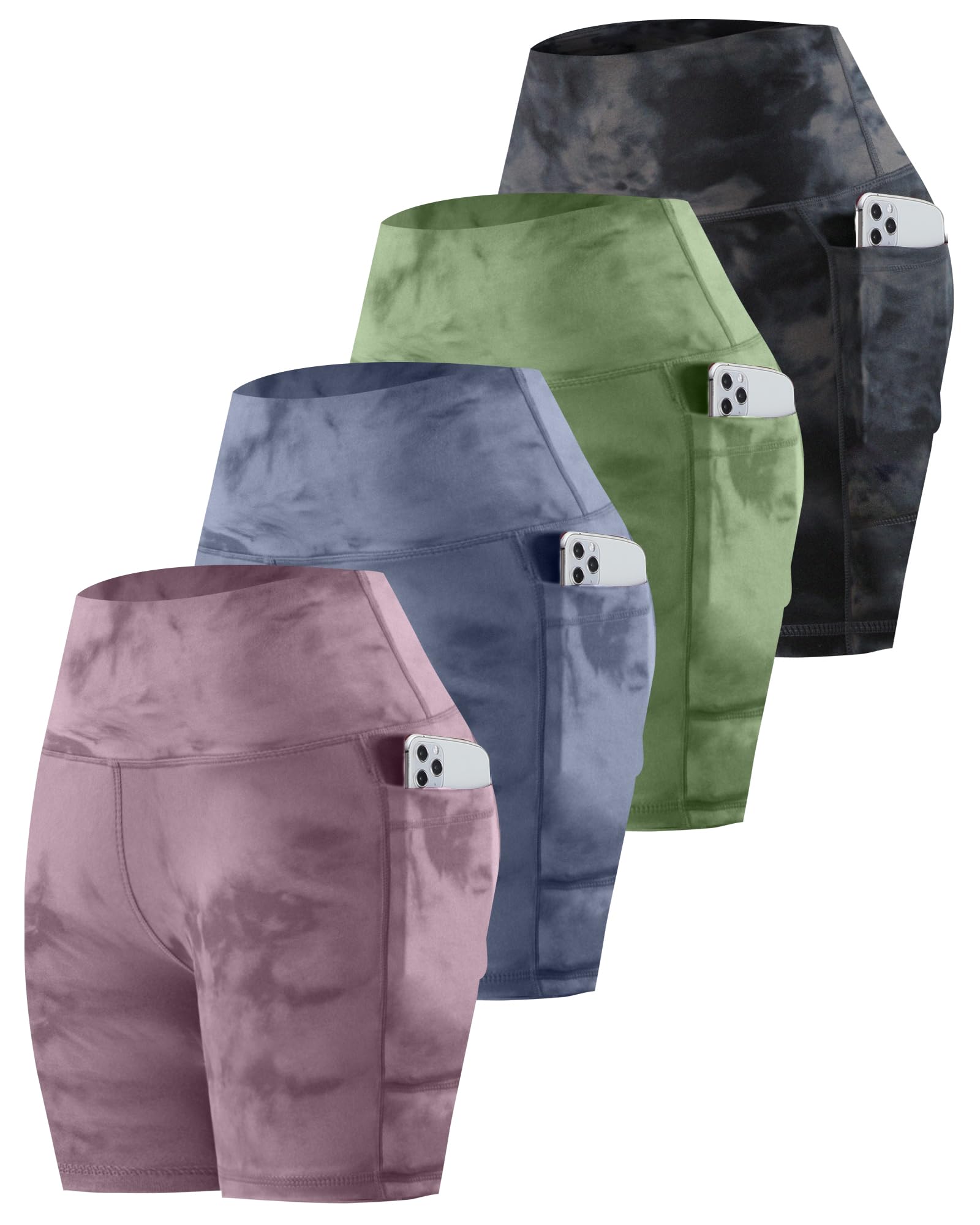 CHRLEISURE Womens Biker Yoga Shorts with Pockets: High Waisted Tummy Control Spandex Workout Athletic Gym Shorts 4 Packs