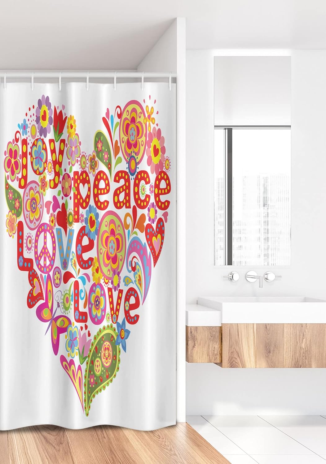 Ambesonne Groovy Stall Shower Curtain, Print with Colorful Hippie Style Floral Heart Spring Happiness Joy Wish Hope Message, Fabric Bathroom Decor Set with Hooks, 36" W x 72" L, White Red Jade Green