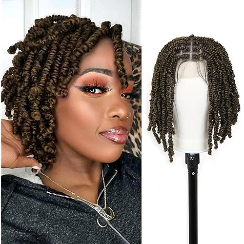 12" Spring Twist Wig Knotless Embroidery Full Lace Passion Twist Braided Wigs Ombre Brown, Pre-Twisted Braids Wig for Women 1B/Brown (Square Based)