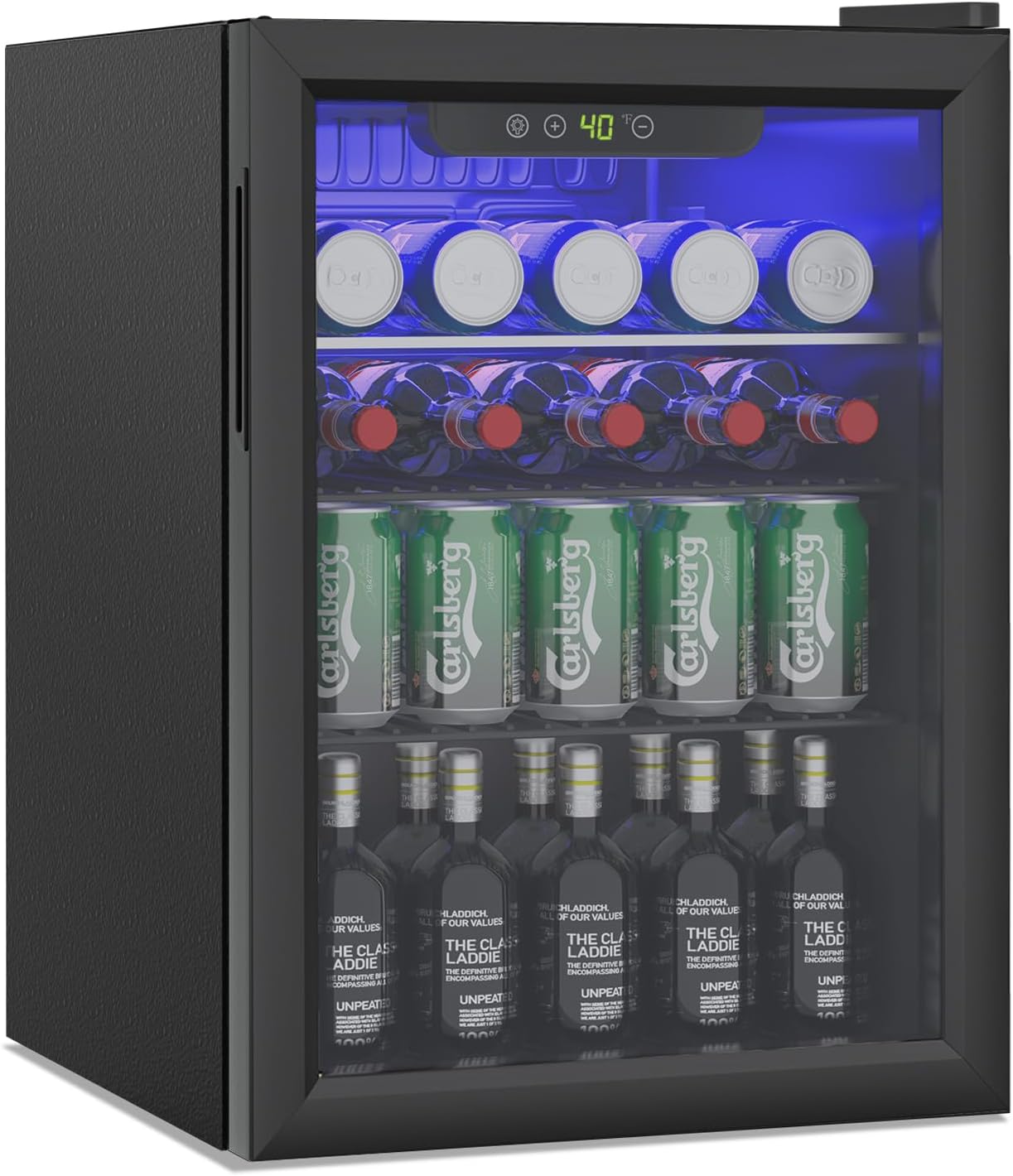 2.6 Cubic Feet Mini Fridge,95 Can Freestanding Beverage Refrigerator with Glass Front Door for Soda, Beer Under Counter Drink Dispenser with Adjustable Shelves and Digital Display