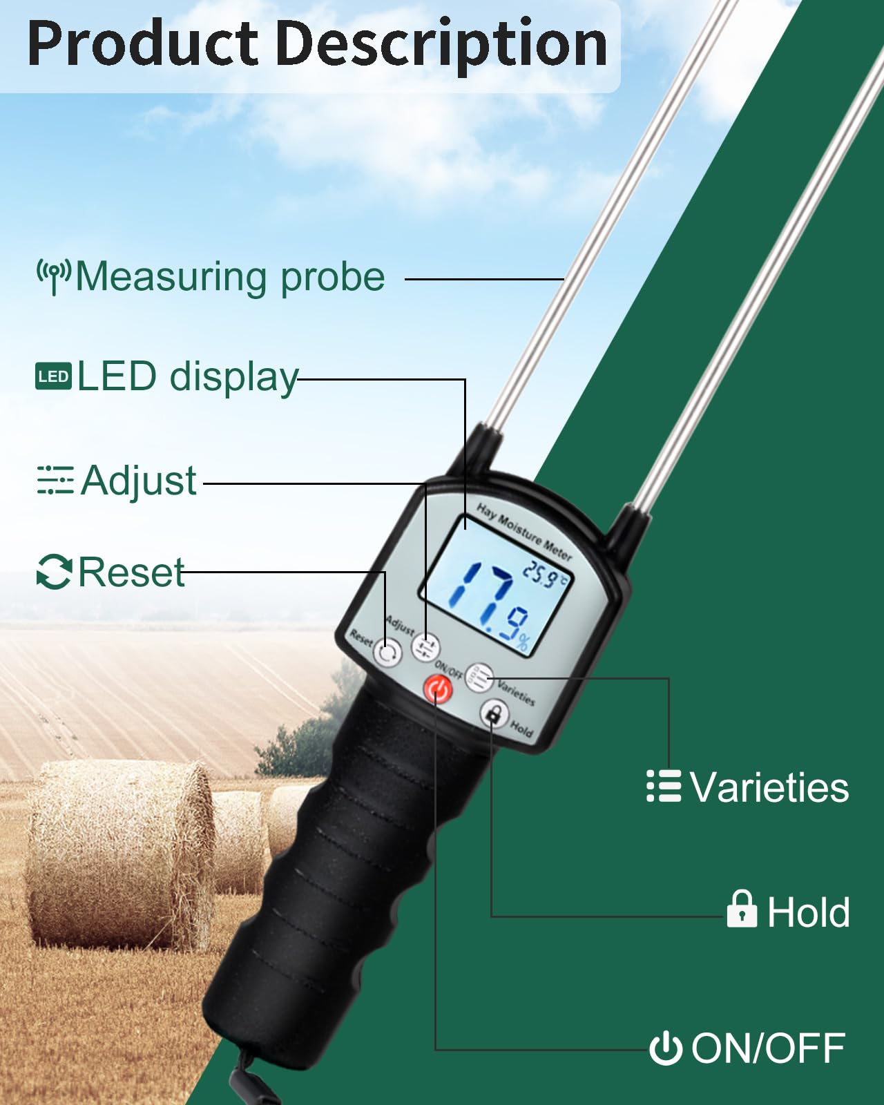Probador portátil de humedad de heno, medidor de humedad de heno con sonda para monitoreo, sonda probadora de humedad para heno (probador de humedad de heno TK100)
