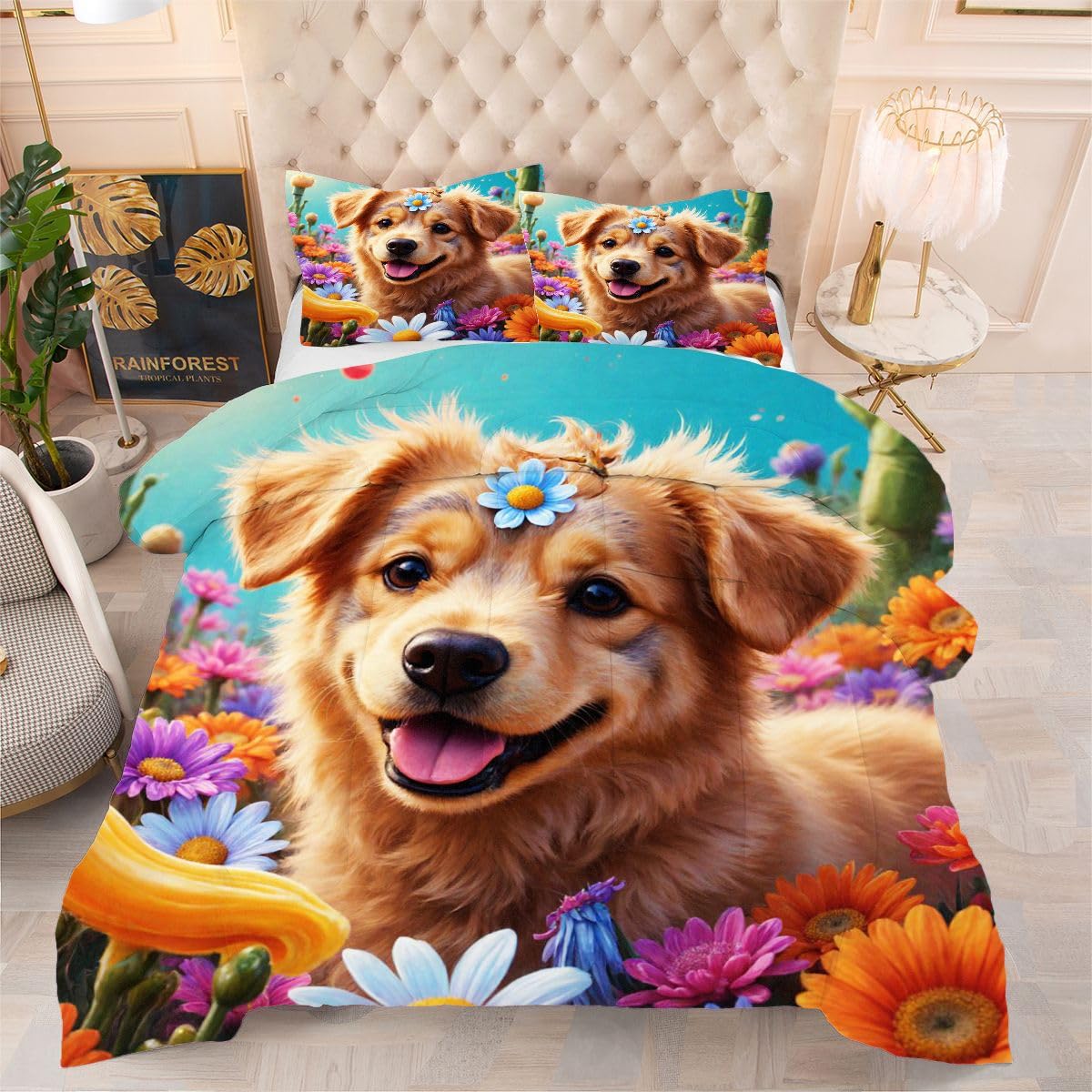 Edredón King Size Estampado 3D | Golden Retriever, Nórdico Máximo Confort para Camas Grandes, Lavable, Reversible, Incluye 2 Fundas de Almohada 50x75 cm_1482a