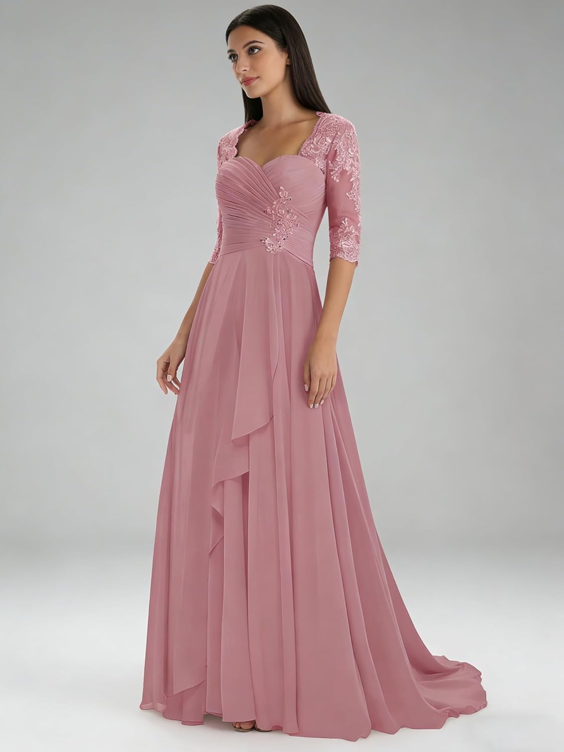 Long Mother of The Bride Dresses with Sleeves Chiffon Formal Party Prom Dress V-Neck Mother Groom Dresses Dusty Blue US18W