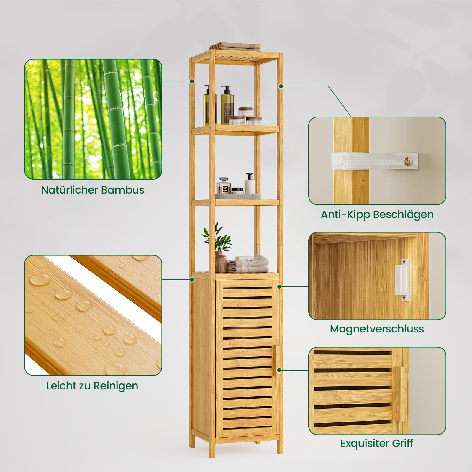 VIAGDO Hochschrank, Badezimmerschrank Bambus, Badschrank hoch mit 3 offene Fächern und Schrank, hoher Beistellschrank, Aufbewahrungsschrank, für Badezimmer, Flur, Küche, Wohnzimmer