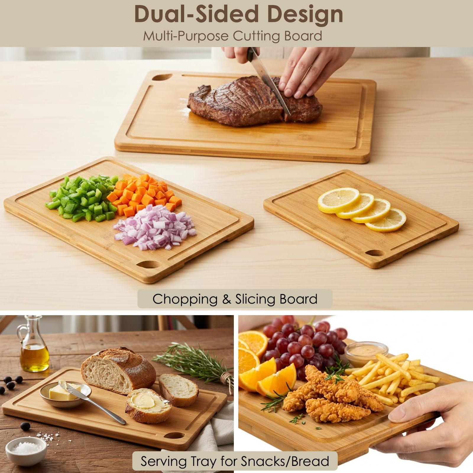 Tabla de cortar de bambú para cocina, 3 paquetes de tablas de cortar grandes con ranuras para jugo y soporte, juego de tablas de cortar de cocina con soporte, tabla de cortar de bambú para carne