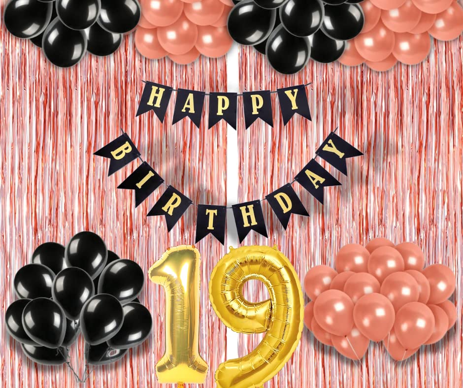 Image of 19th Birthday Decoration items for Girls with Black and Rose Gold Balloons, Black Happy Birthday Banner, Rose Gold Foil Curtain, Foil Balloon number 19