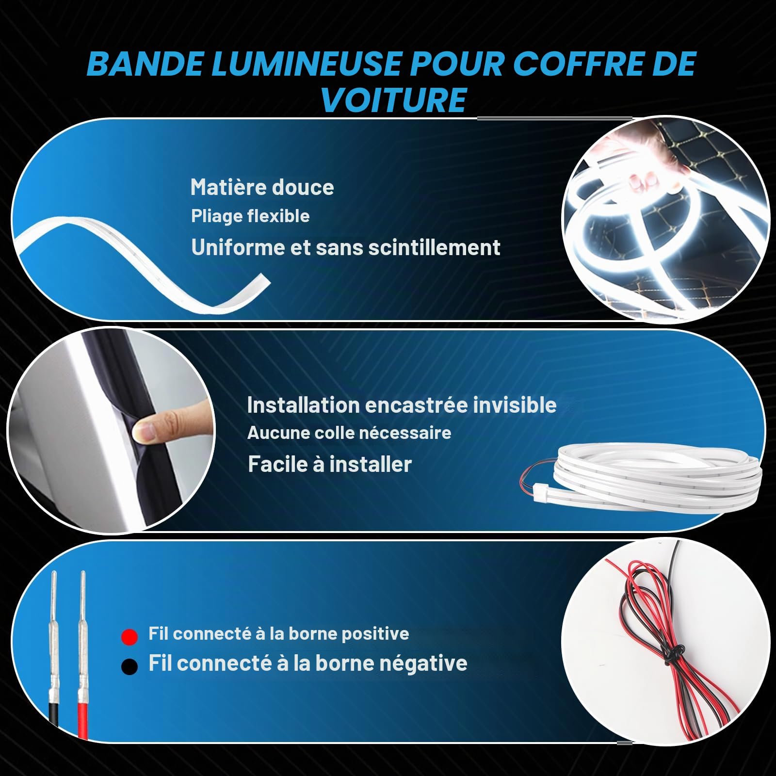 Bande Lumineuse du Coffre de Voiture, Bande de Voiture à Découper Flexible pour Le Tronc étanche des Lumières Intérieures à LED (Blanc, 4m / 158 in)