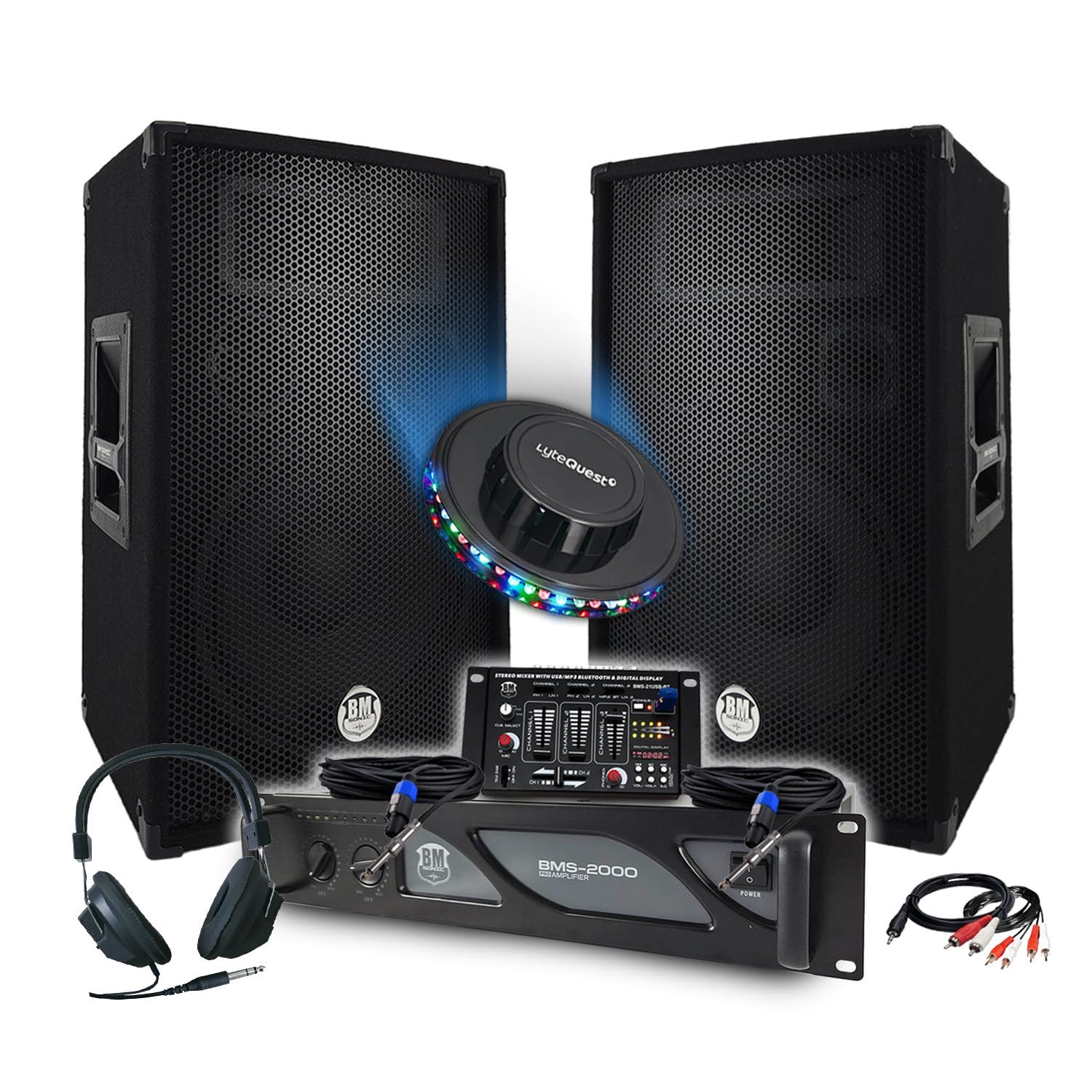 Pack Sono DJ BM Bmsonic Ampli 2000W, Enceintes 2x600W, Table de Mixage, Casque Câbles Micro, LED, Fête Soirée, Bar Salle des fêtes