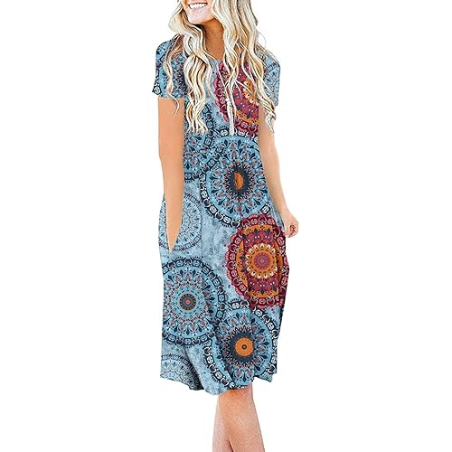 DB MOON Women Summer Casual Short Sleeve Dresses Empire Waist Dress with Pockets