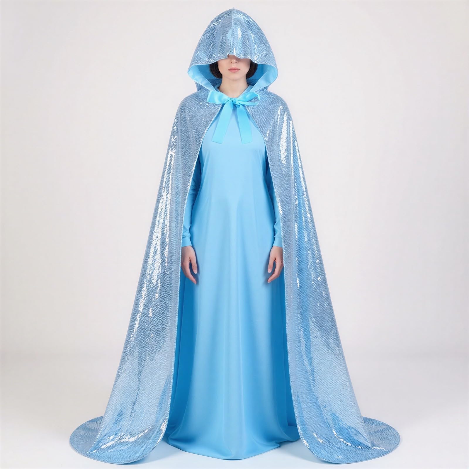 Cape à Paillettes réversibles Bleu Clair, Cape Cosplay Brillante à Double Couche, Longueur 1,5 m, avec Capuche, pour déguisement de Princesse Halloween, tombé Fluide et Effet féerique