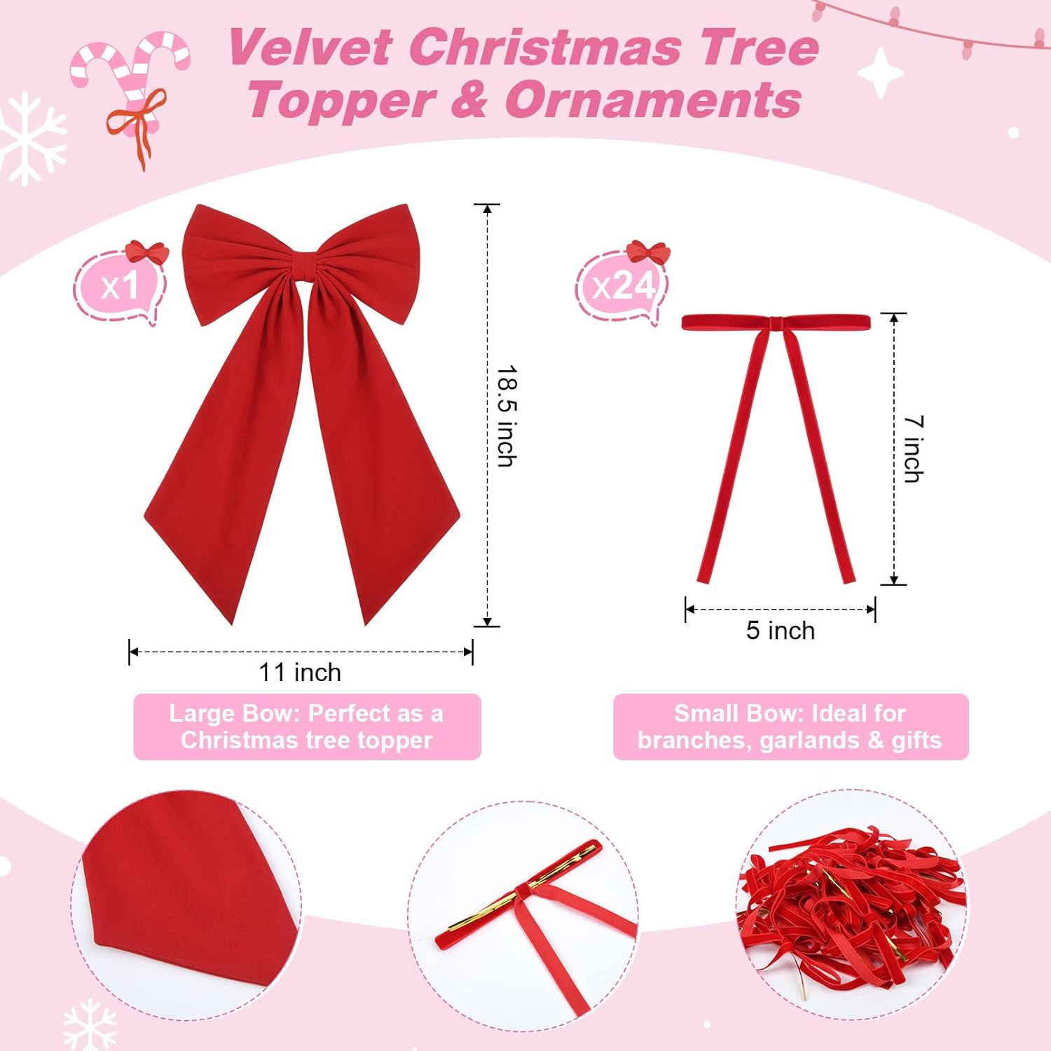 CEELGON Large Red Velvet Christmas Tree Topper Bow & 24 Pcs Long Velvet Ribbon Bows Xmas Decorations Ornaments Garland for Holiday Home Decor (Red)