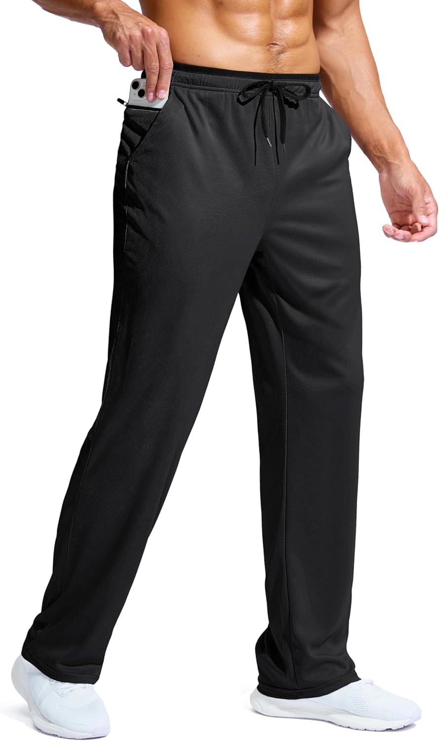 Pudolla Men’s Lightweight Mesh Sweatpants Loose Fit Open Bottom Athletic Workout Gym Pants with Zipper Pockets