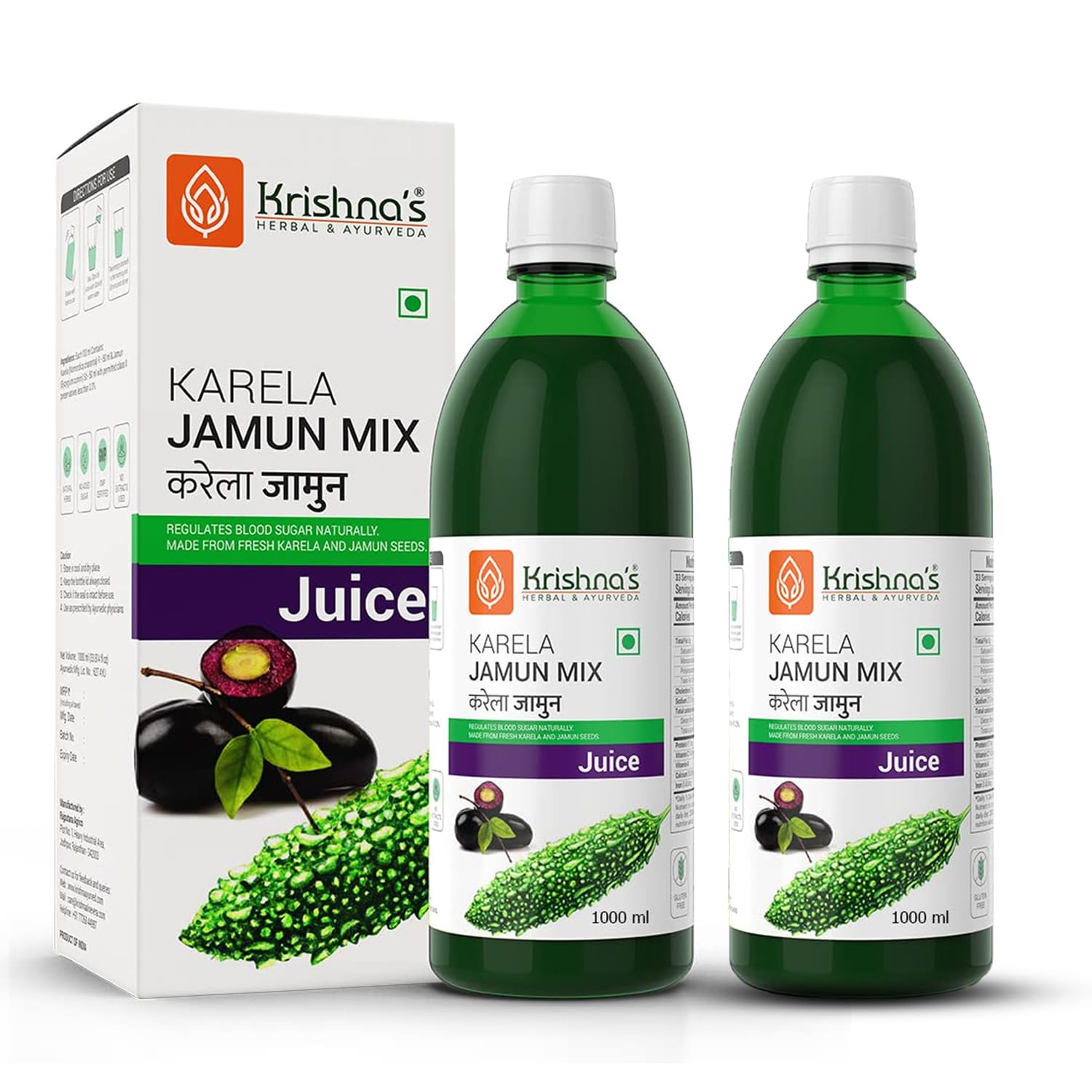 Krishna's Karela Jamun Mix Juice - 1000 ml | Enriched with Vitamin C - Vitamin A| Sugar free Juice with No Added Color or Flavour - (Pack of 2)