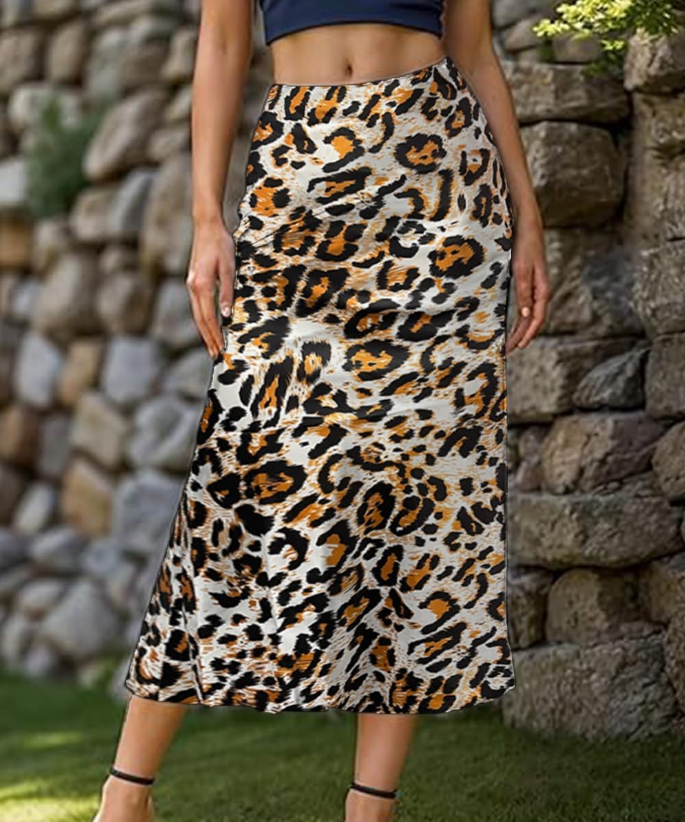 Maxi Skirts for Women Floral Leopard Skirt Midi Length High Waist Silk Satin Casual Ladies Skirts for Beach Party - Image 3
