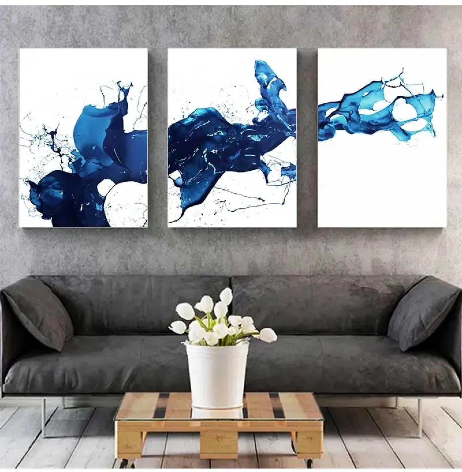 BMGKYAGL Akwarela niebieska farba sztuka abstrakcyjna obrazy na płótnie minimalistyczne plakaty wydruki obrazy ścienne salon wystrój domu 60 x 90 cm x 3 bez ramy