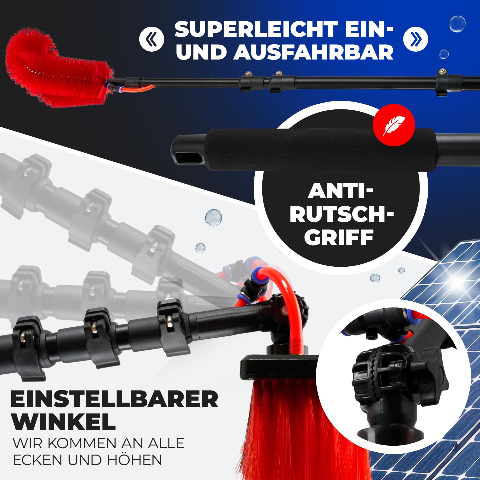 Teleskop Waschbürste mit Wasseranschluss [4,4m Teleskopstiel] – Teleskopstange für Fensterreinigung | Teleskopbesen-Fensterwischer, Dachrinnenreiniger Reinigungsset (Schwarz Rot, 4,4 Meter)