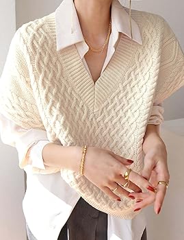 Oversized Sweater Vest for Women Spring Fall V Neck Pullover Cable