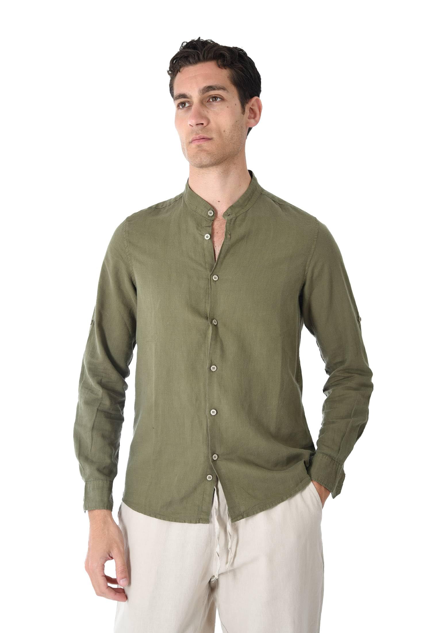 Camisa de hombre 100% lino cuello coreano blanco azul beige celeste negro rosa verde manga larga verano Slim Fit Serafino Sartorial Mangas revolables Verde L