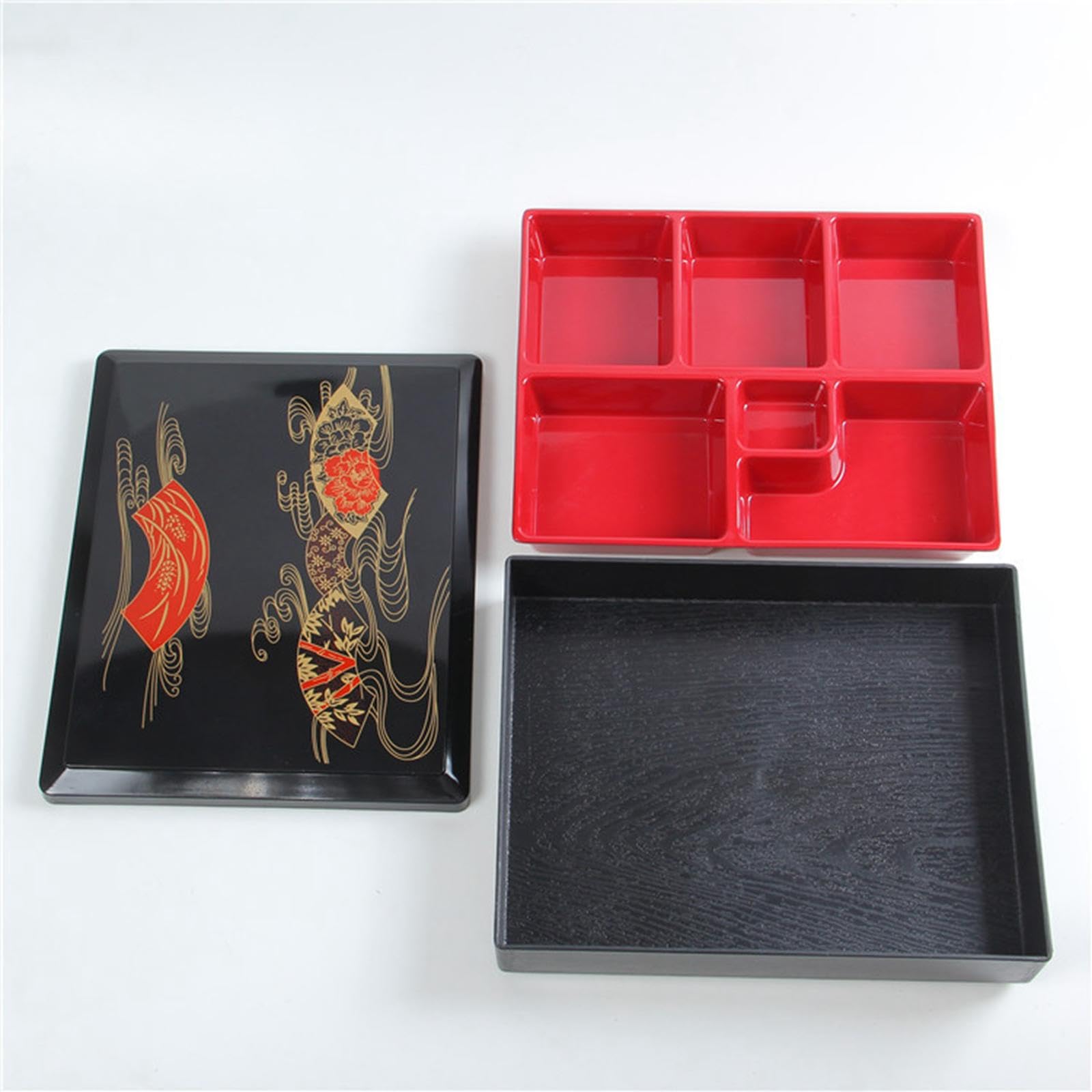 Gralara Boîte à Bento Japonaise Rouge et Noire avec Couvercle, Idéale pour La Maison, Le Bureau Ou Un Restaurant, modèle A