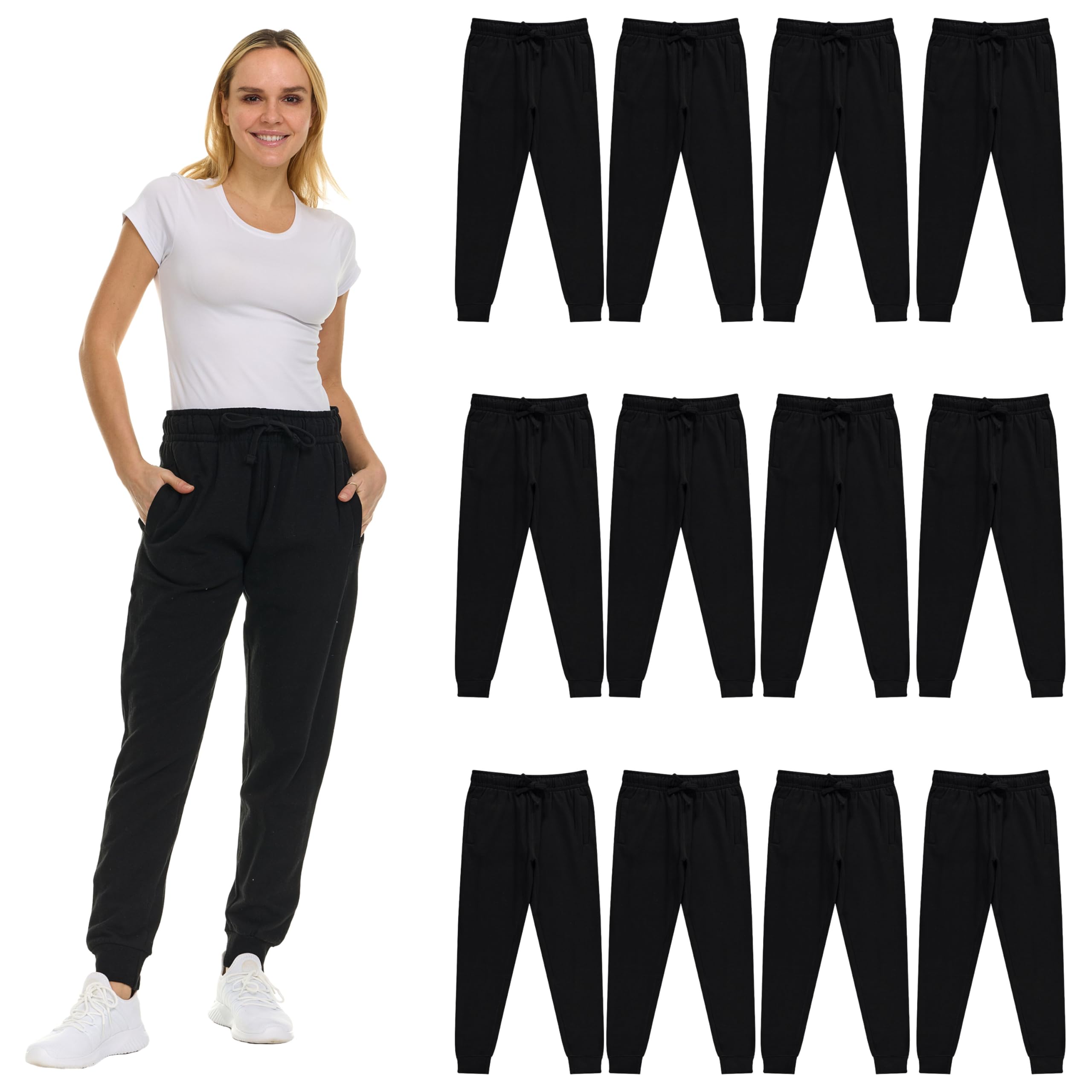 BILLIONHATS 12 Pack Women Jogger Sweatpants, Bulk Comfy Fleece-Lined with Ribbed Cuffs for Charities & Shelter Home Donations