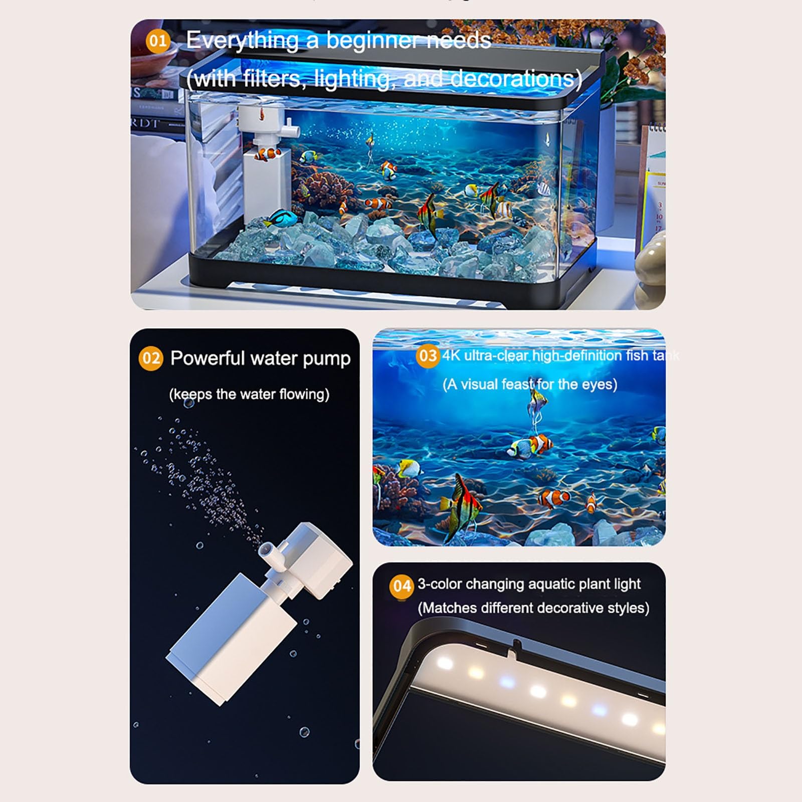 Acquario Per Pesci,Acquario Per Acquario Finto, Acquario Betta,Lampada Decorativa Per Acquario Finto Piccoli Acquari Per La Decorazione Paesaggistica(Black)