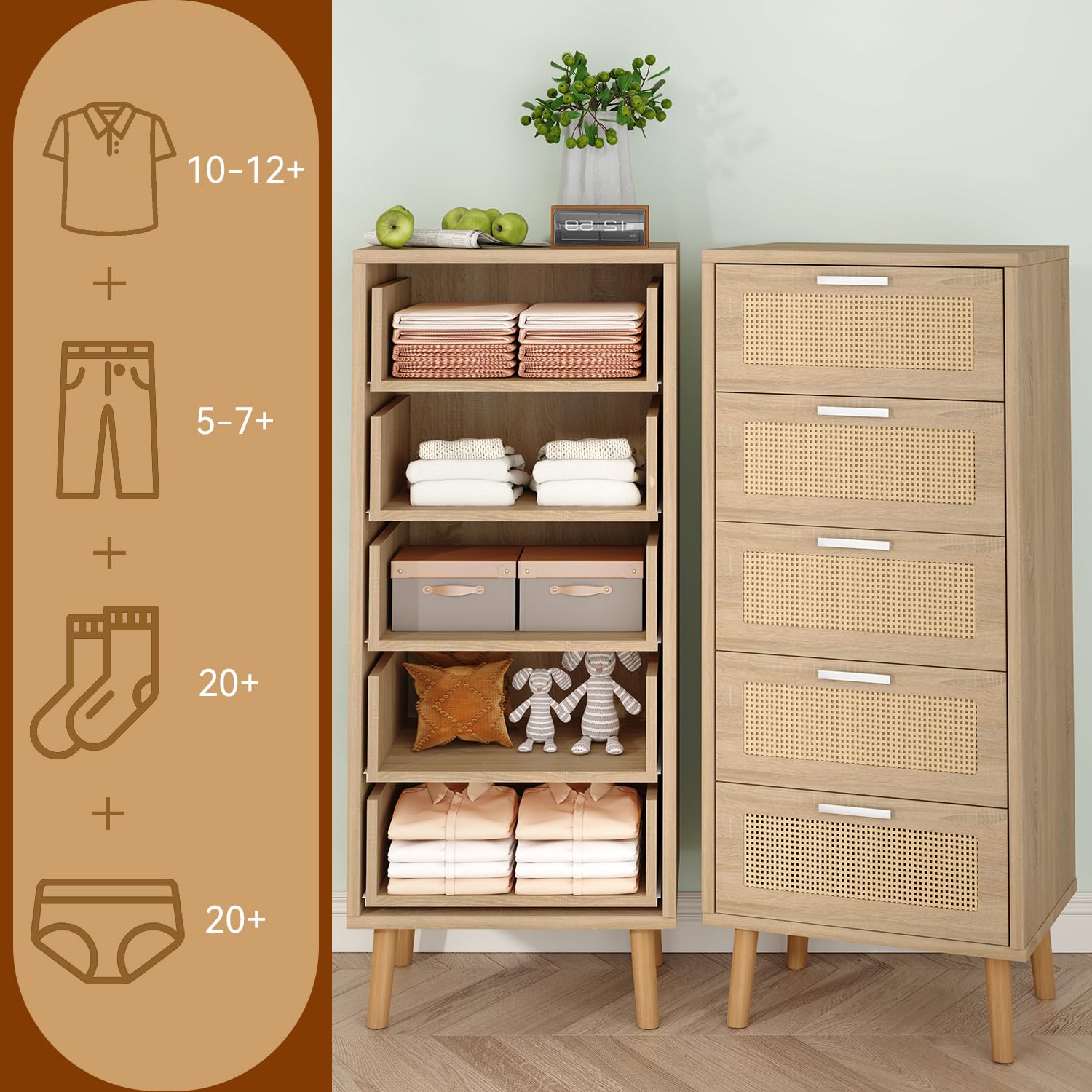 IBUYKE Rotin Commode avec 5 Tiroirs,Pieds en Bois,Natur WST010N | Meuble de Rangement, Décorations en Rotin,40 x 34 x 108 CM,pour Coucher, Salon, Entrée,Chambre d'enfant