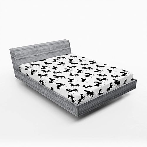 Ambesonne Horses Fitted Sheet, Farm Animal Silhouettes with Various Poses Galloping Trotting Cantering and Loping, Soft Decorative Fabric Bedding All-Round Elastic Pocket, Queen Size, Black