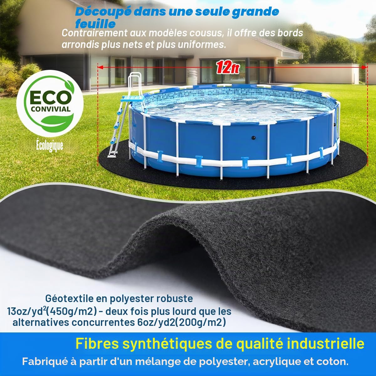 Tapis de piscine épais pour piscine hors sol, tapis rond de 3,7 m pour fond de piscine, confort sans couture, double densité, résistant aux perforations, noir
