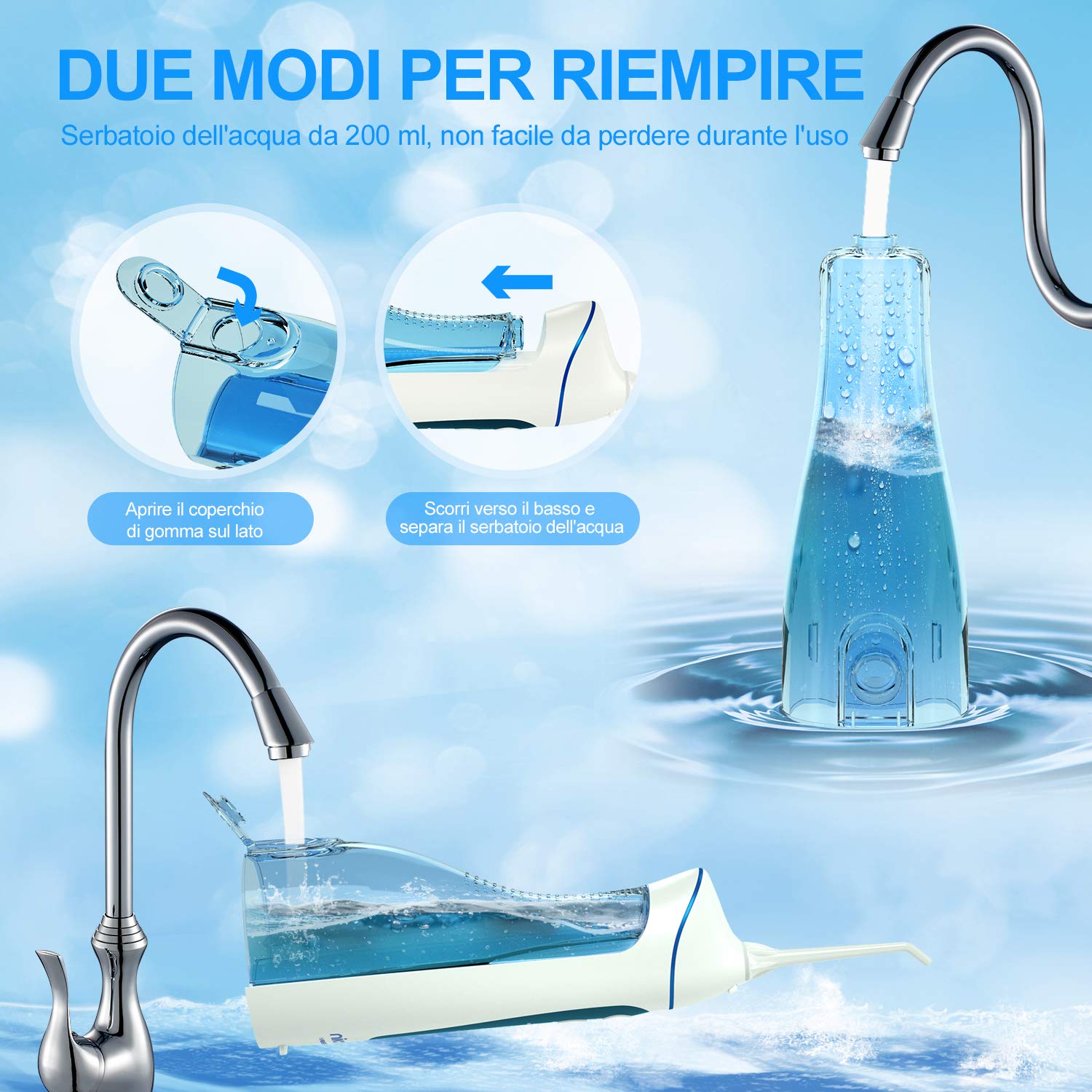 Idropulsore Dentale Portatile, Irrigatore Orale Professionale 4 Modalità e 5 Ugelli di Ricambio con rotazione di 360 °, Ricaricabile USB, IPX7 Impermeabile, Adatto a viaggio e a casa