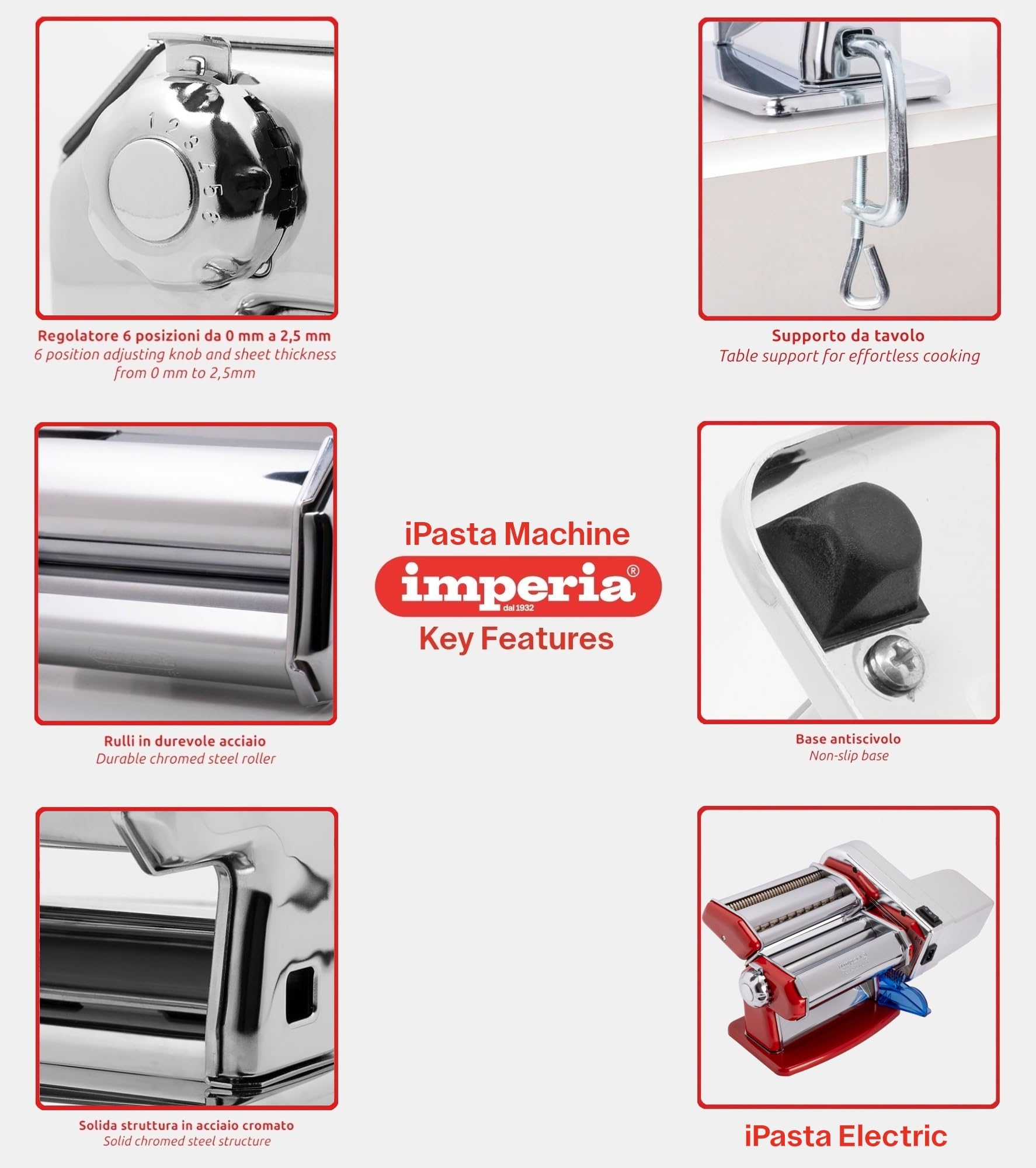 Imperia Electric Ligne Classique Machine à pâtes électrique Fabrique en Italie. Machine à pâtes fraîches avec moteur électrique. Laminatrice électrique Lasagnes, Tagliolini, Fettuccine. (Argent)