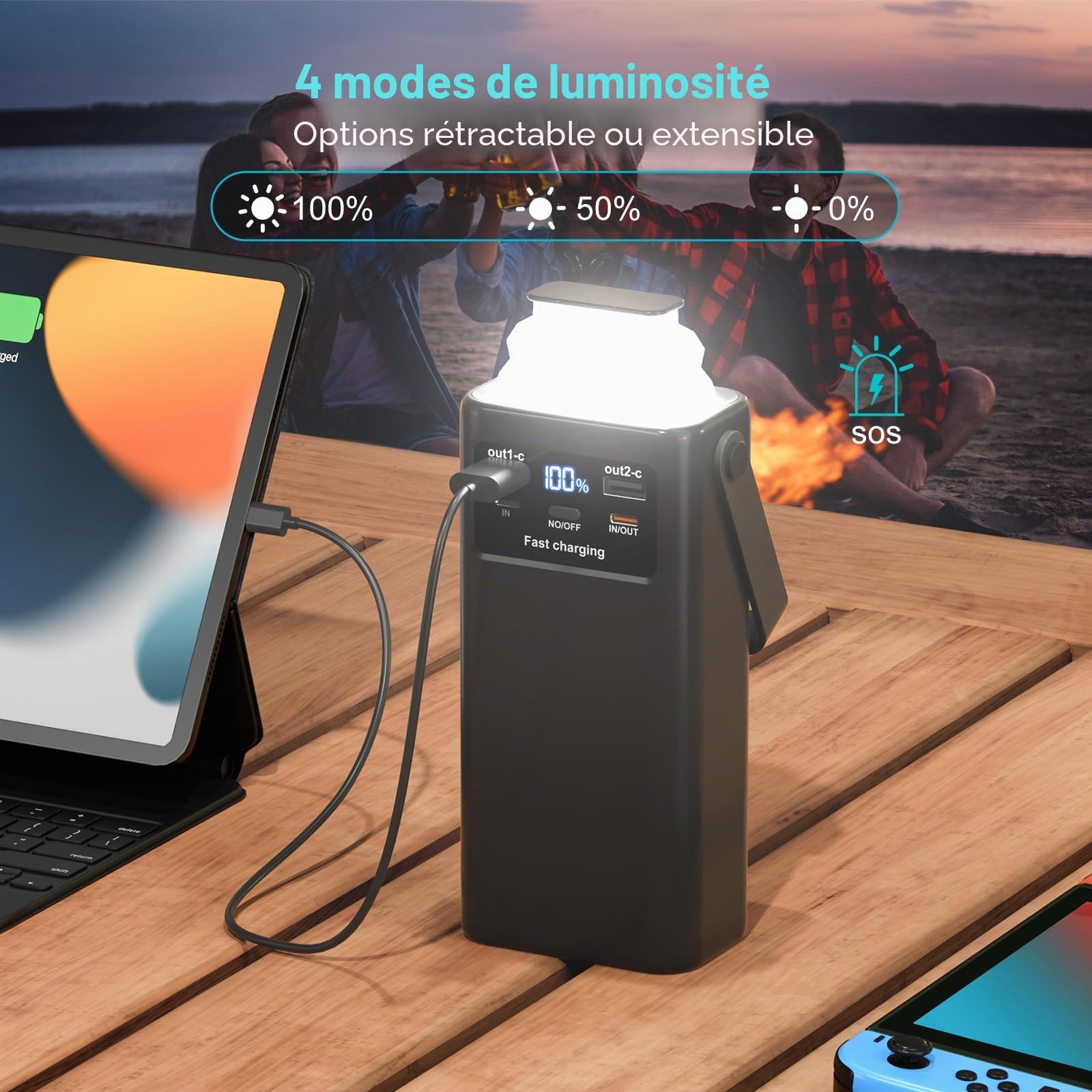 60000mAh Batterie Externe Power Bank PD45W Charge Rapide Chargeur Externe avec 4 Câble Intégré 7 Sorties,USB C Grosse Batterie Portable avec Lampe de Poche & Affichage LED pour Smartphones Camping