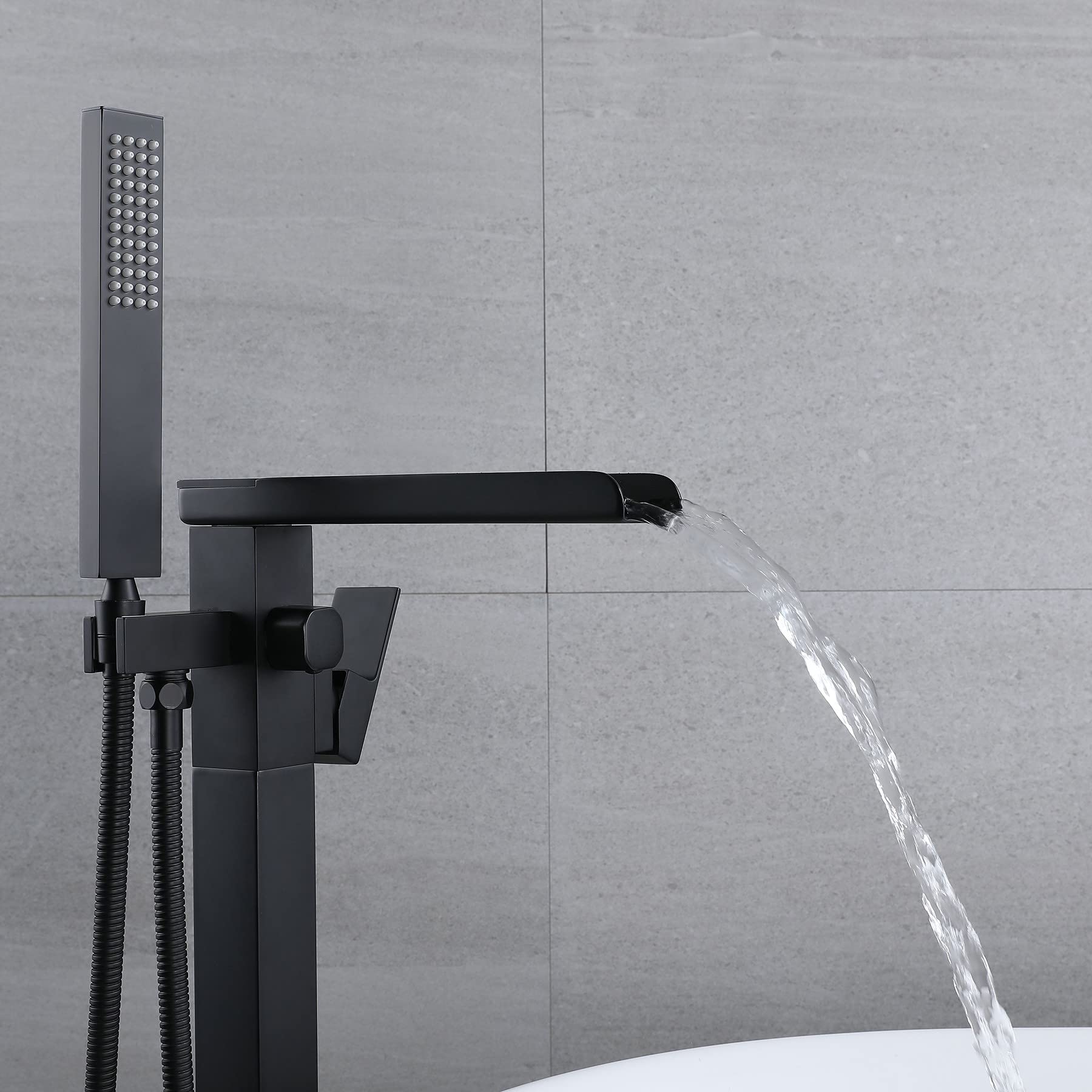 Rubinetto Per Vasca Pavimento In Piedi Da Bagno Con Beccuccio A Cascata E Spruzzatore A Mano,Freestanding Rubinetti Per Vasca, Nero（collegamento interno）