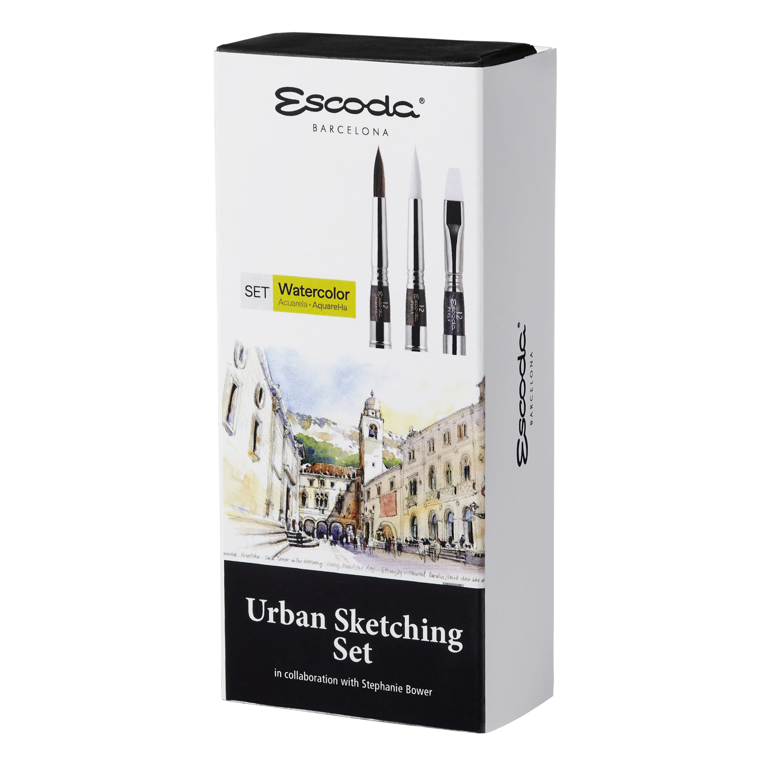 ESCODA | Acquerello| Urban Sketching Set | Set di pennelli da viaggio | 3 pennelli tascabili | Dimensione 12 | Fibra sintetica | Rotondo a punta, Piatto Carrado