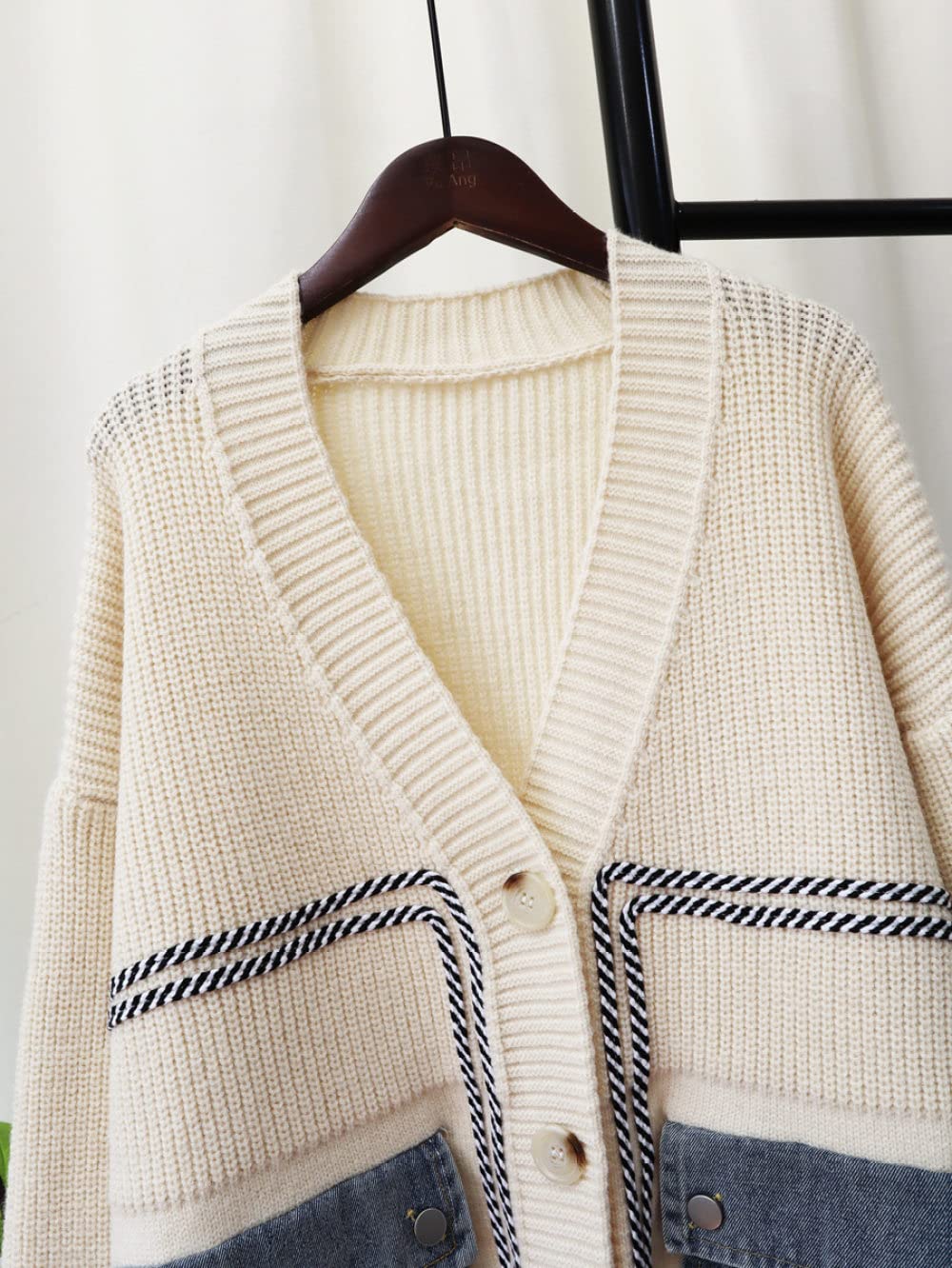 Cárdigans Para Mujer,Cárdigans De Punto Para Mujer Moda Beige Denim Bolsillo De Empalme Cuello En V Botón De Manga Larga Suéteres Delanteros Abiertos Cárdigan Otoño Vintage Suelto Prendas De A