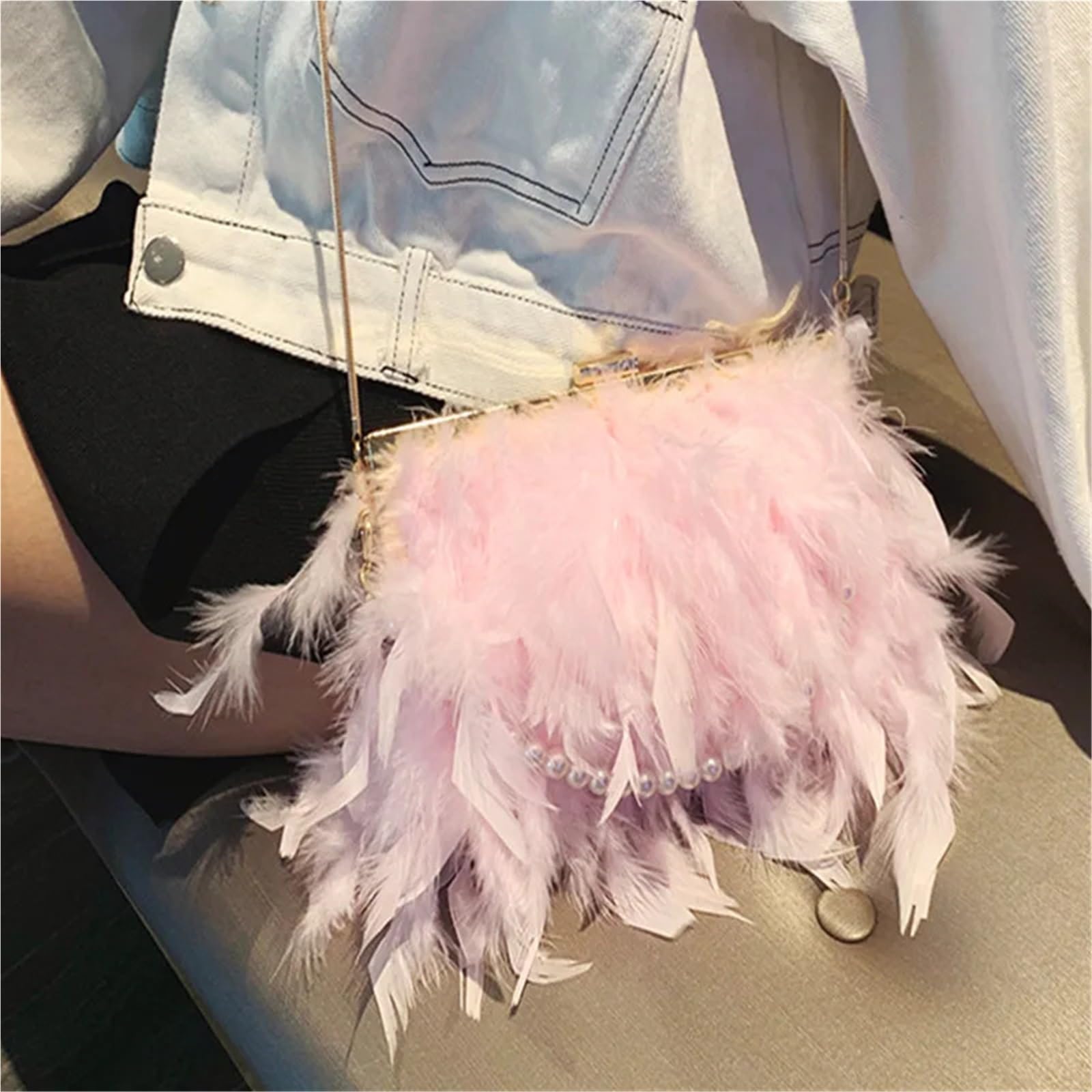 Bolso fiesta Bolso de hombro con cadena y plumas, elegante bolso mano for mujer, for fiesta noche, asa