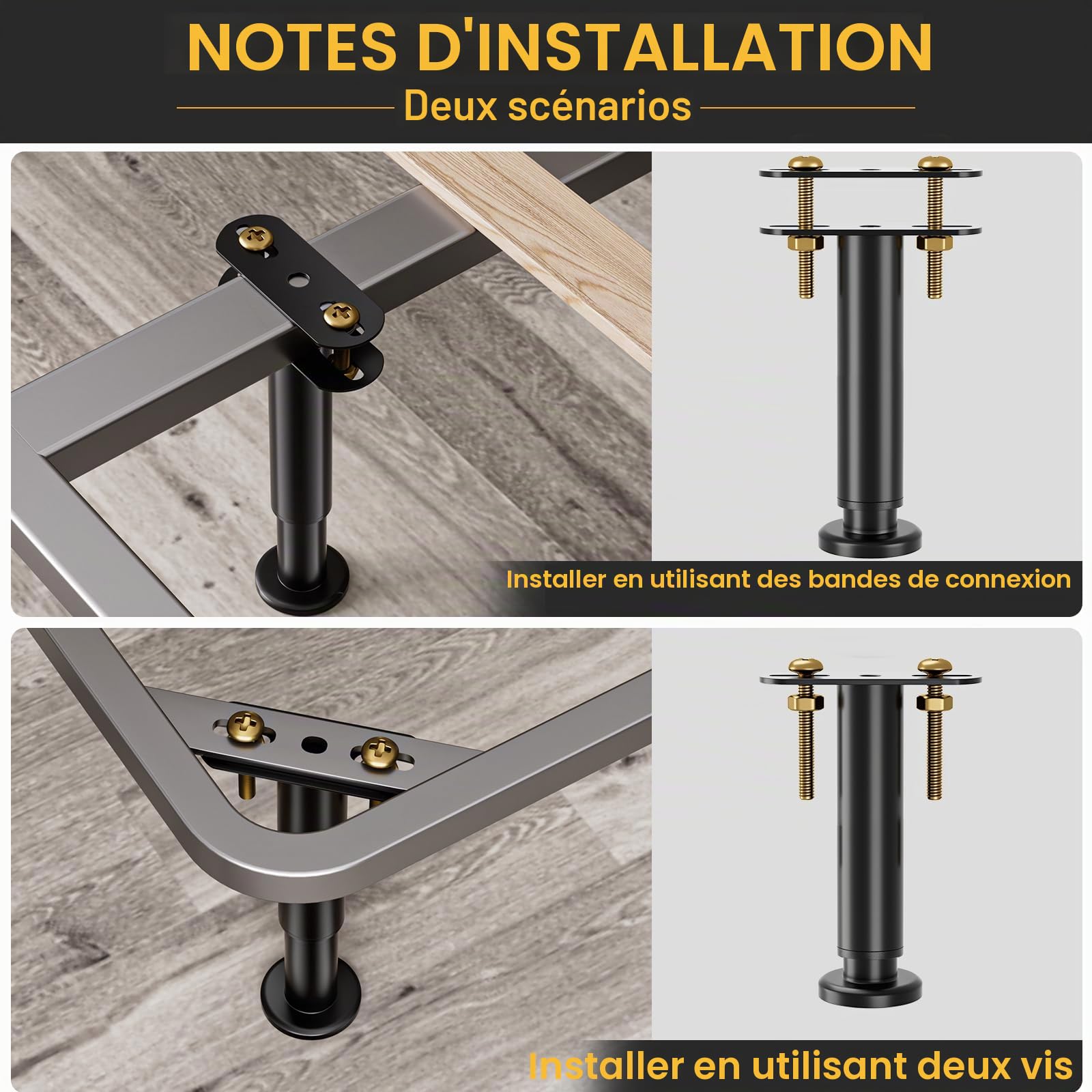 VETIN Lot de 4 Pieds de Support de Lit Réglables en Hauteur, Adaptés aux Cadres de Lit 18-32cm, aux Lattes Centrales de Lit et aux Pieds de Support de Meubles, Installation sans Perçage