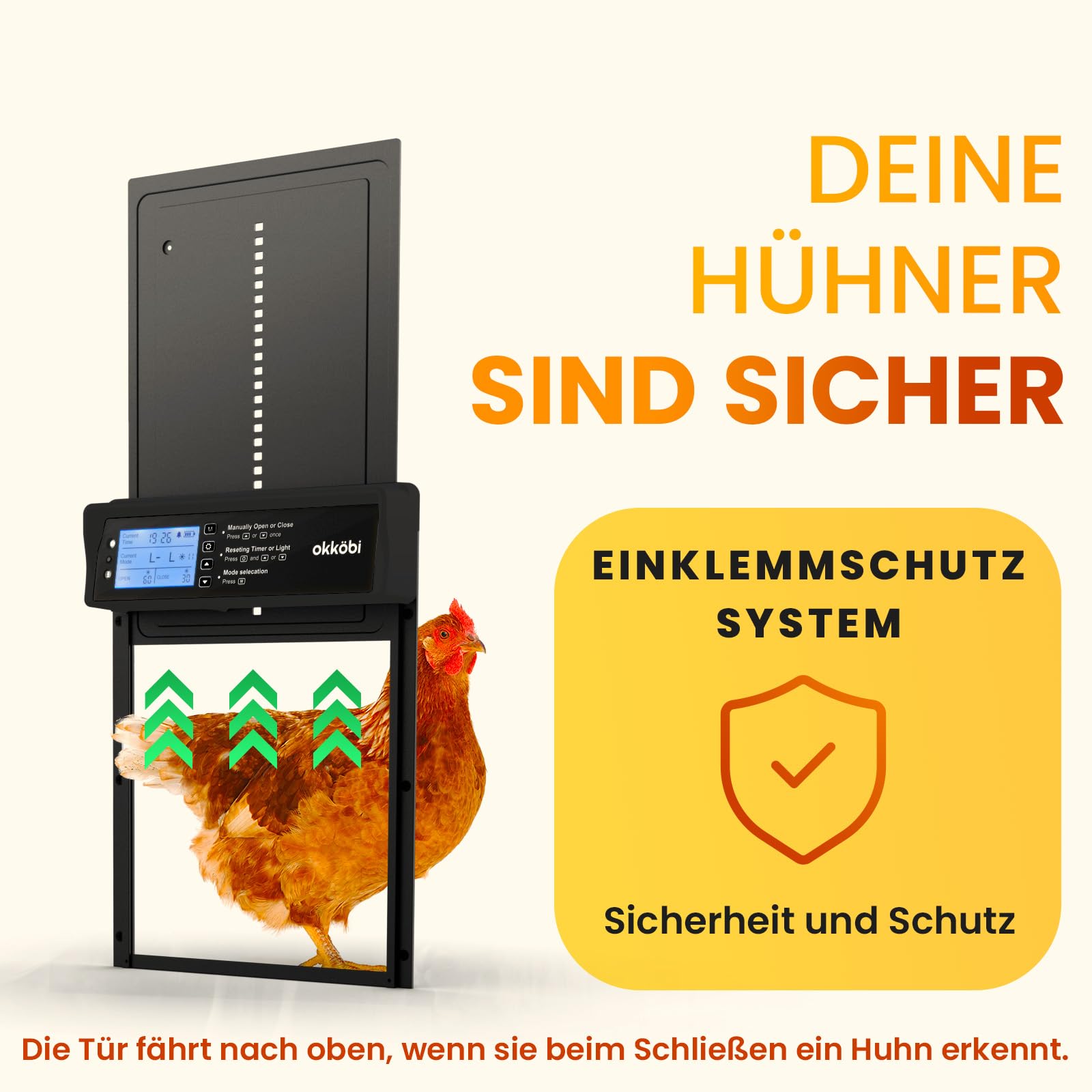 Okkobi Hühnerklappe Automatisch Solar - LCD Display - Automatische hühnerklappe mit Fernbedienung, Lichtsensor & Timer - Sicherheit & Seelenfrieden: Sicherheitsmechanismus - 5 Jahre Schutz