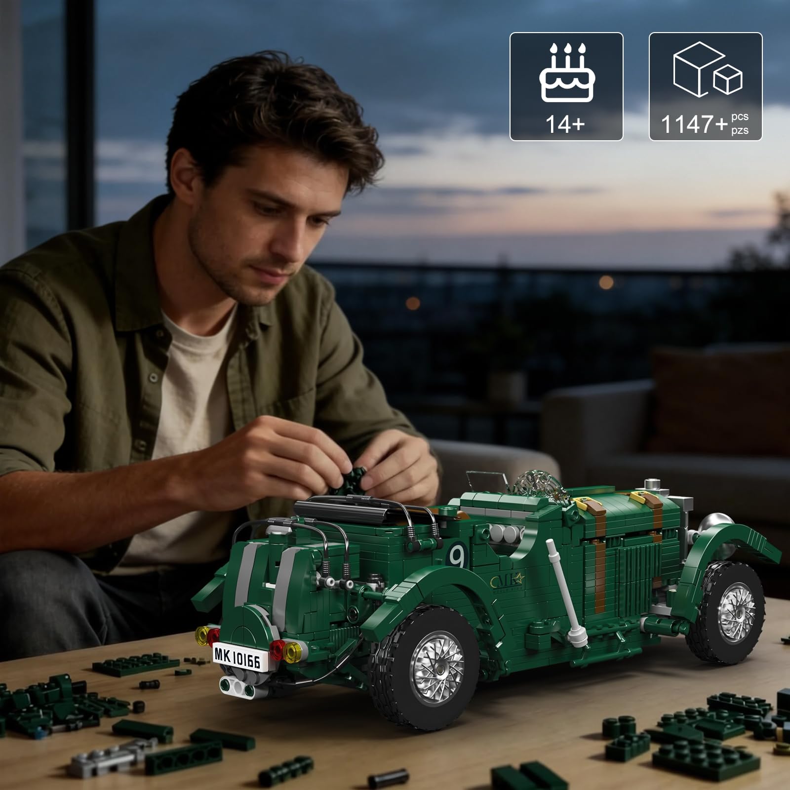 Mould King 10166 Modelo de bloques de construcción de coche antiguo, 1147 piezas Tecnología Versión estática Retro Racing Car Kit de construcción, Vintage Racing Auto Bloques de sujeción Juguetes para