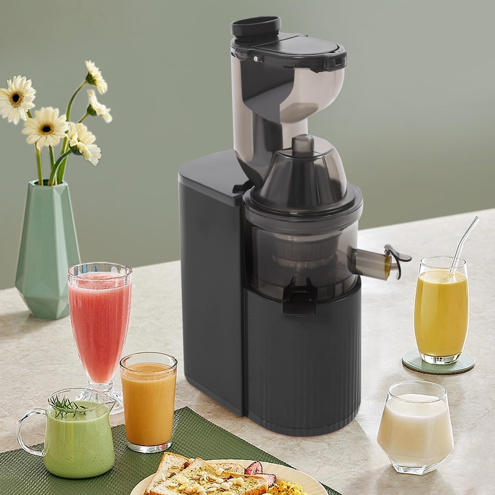 Spremiagrumi – Slow Juicer con vano di riempimento da 80 mm, contenitore da 500 ml, senza BPA, silenzioso con 2 bicchieri, spremiagrumi elettrico a freddo per famiglie, attenti alla salute, facile da
