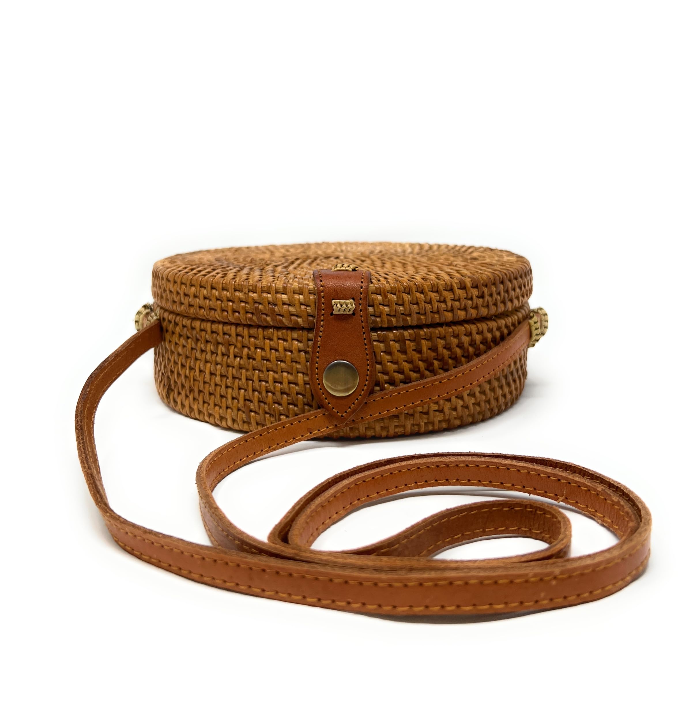 Bolsa de mimbre redonda marrón con correa de piel larga trenzada para mujer, bolso de paja, bolso cruzado, 20 cm, marrón