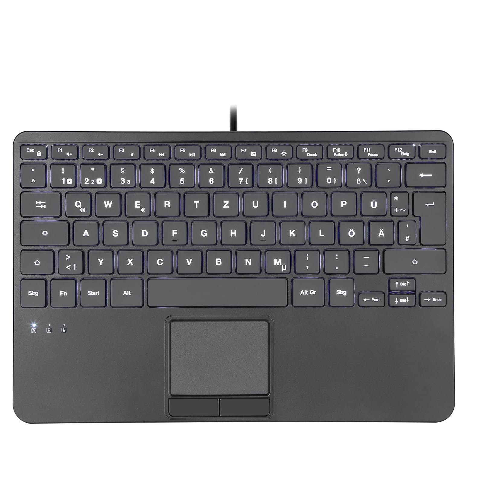 Perixx PERIBOARD-425 Wired Mini USB Keyboard with Touchpad, X Type Scissor Keys, White Backlight, 2 USB Hubs, Compact, QWERTZ Layout