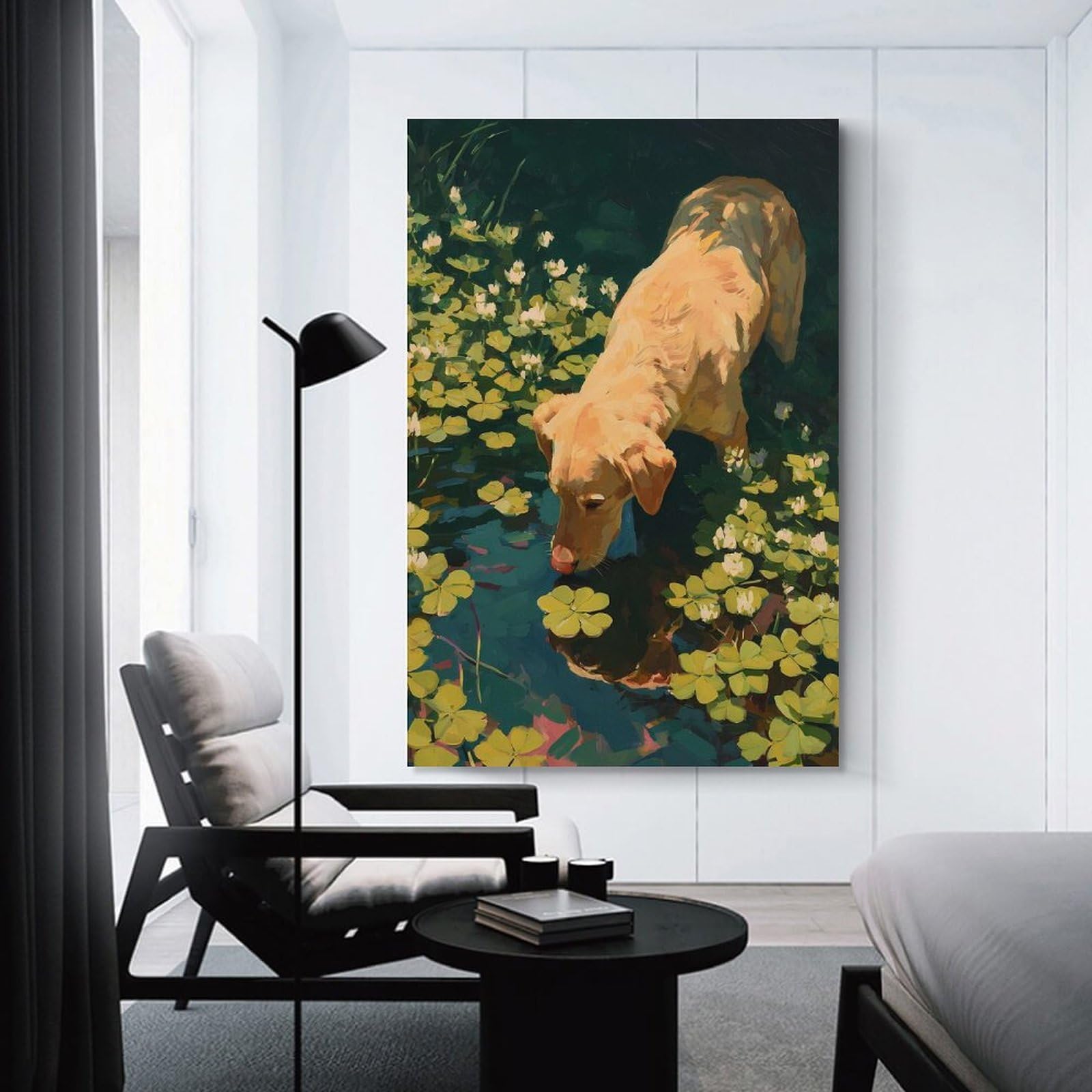 Junmoney Dog Drinking from A Pond with Clover Canvas Wall Picture 20x30inch(50x75cm), for Entryway, Lounge Links Or Small Walls, Decorative Canvas Styling for Entry Areas
