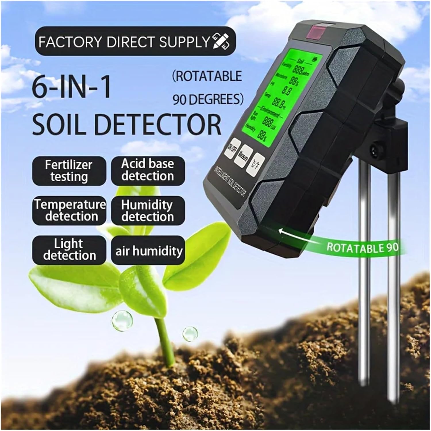 ST03 6-in-1 Soil Tester, Soil Moisture Meter, Fertile Soil Temperature, Soil PH Meter, Humidity Soil Detector, Fertilizer Detect