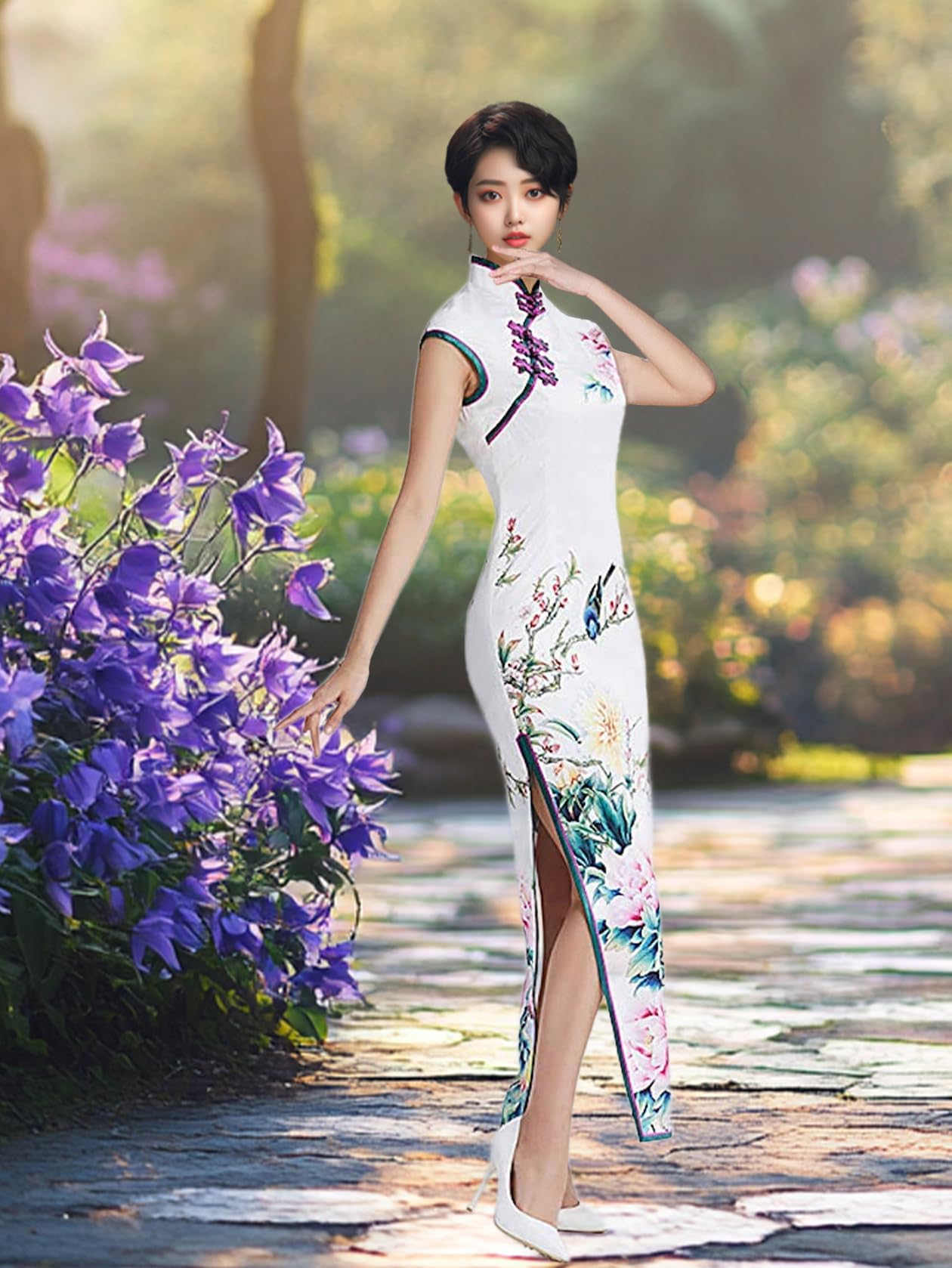 HangErFeng Abito tradizionale con colletto alla coreana Cheongsam stampato in seta floreale 3680