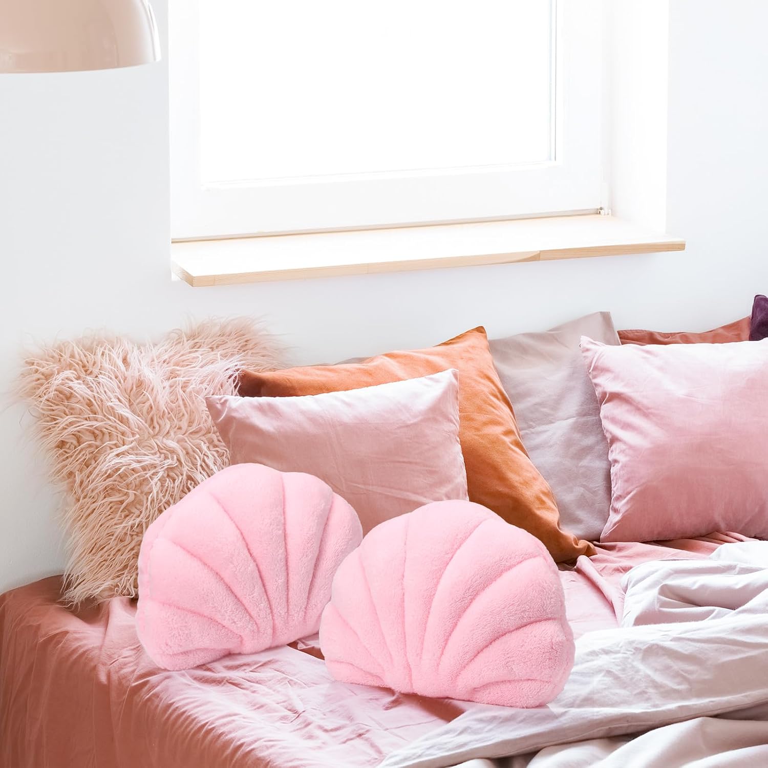Wenqik 2 Pcs Seashell Throw Pillow 13.4 x 10 Inch Soft Shell Shaped Beach Pillows Plush Seashell 3D Insert Decorative for Home Bedroom Couch Living Coastal Room(Pink)