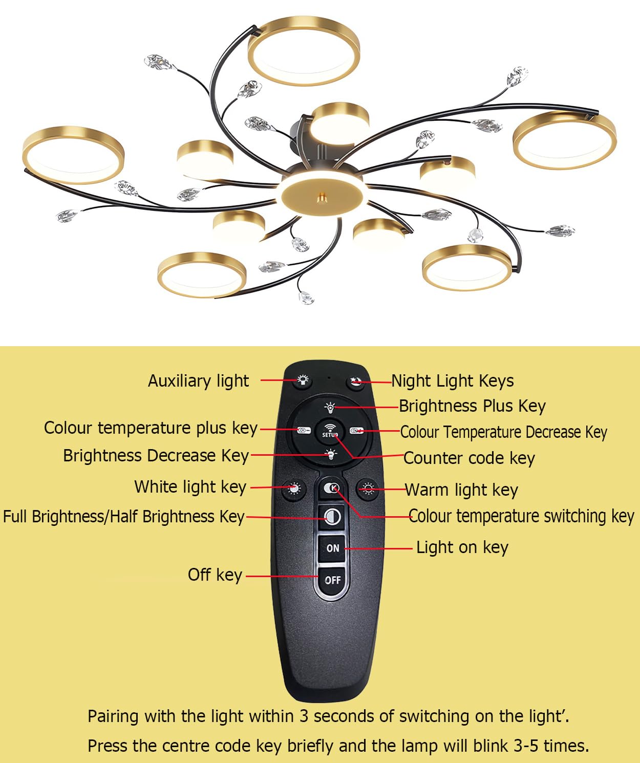 Luce a sospensione di cristallo LED dimmerabile con telecomando regolabile 3000K-6000K 110W Plafoniera a più teste per soggiorno, camera da letto e sala da pranzo (10+1 teste)
