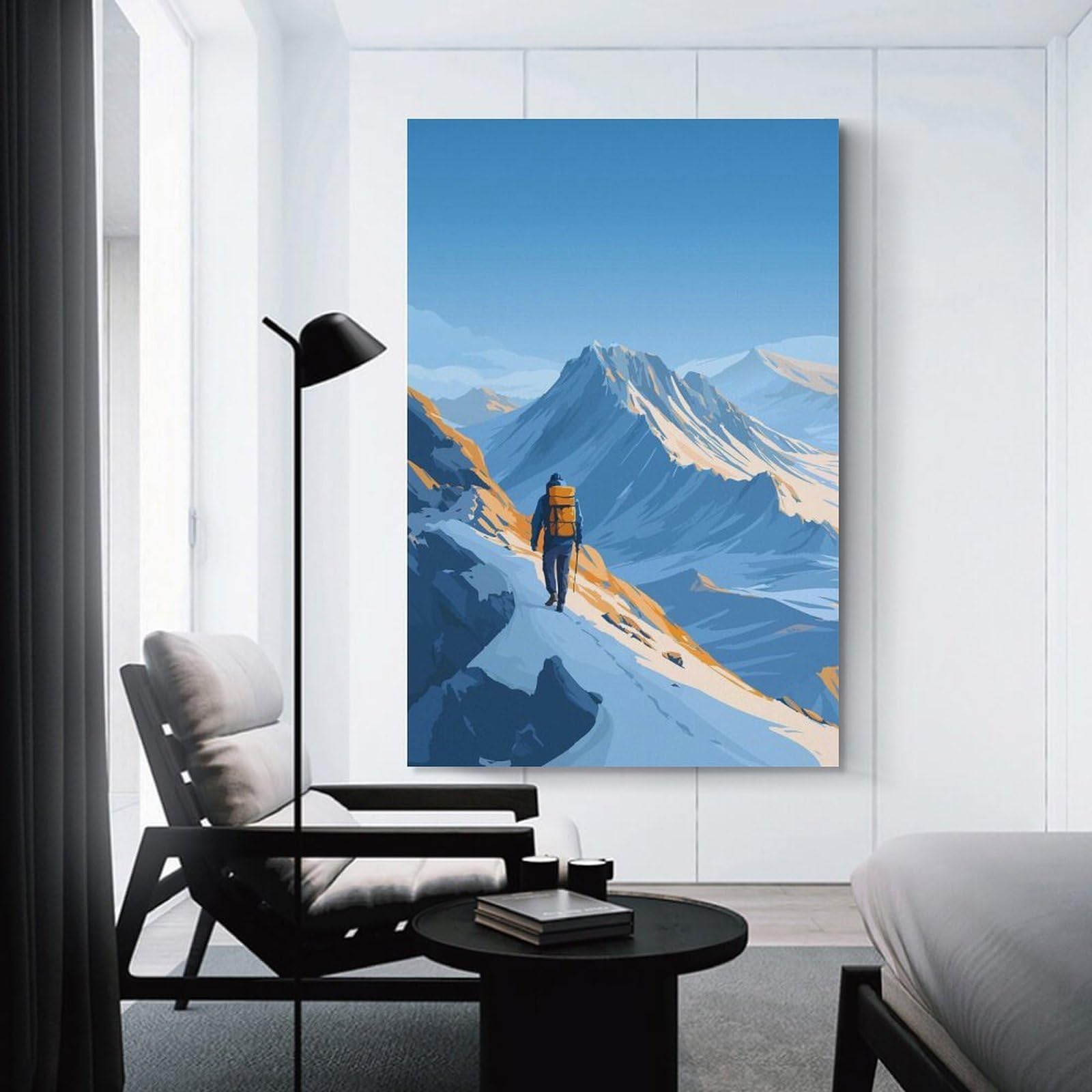 Junmoney Unframe-Style-8 Mountain Hiker With Backpack Illustration Home Decor Wall Art 24X36inch(60X90cm), For Living Room, Bedroom Or Home Office, Decorative Present For New Homes